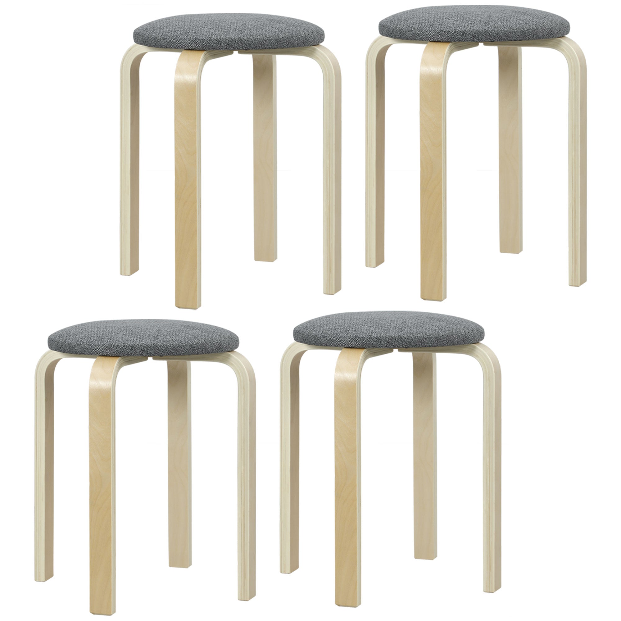 HOMCOM Polsterhocker im 4er-Set, stapelbar, lackierte Oberfläche, Holzbeine, Grau