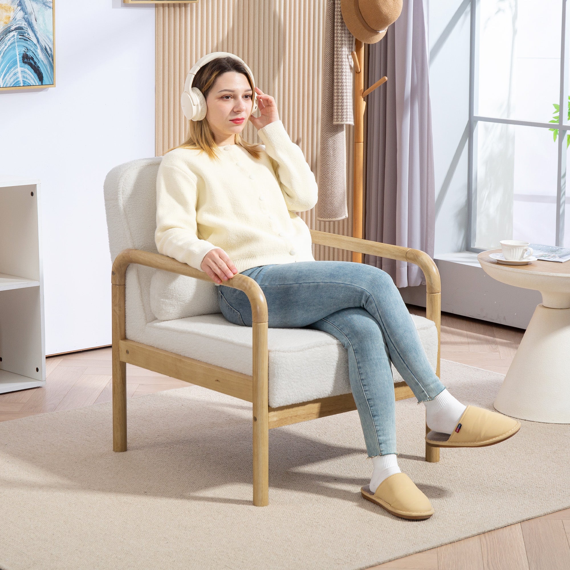 HOMCOM Akzentstuhl, Polsterstuhl mit Stoffbezug, Kautschukholzrahmen, Moderner Stuhl mit Kissen, Weiß