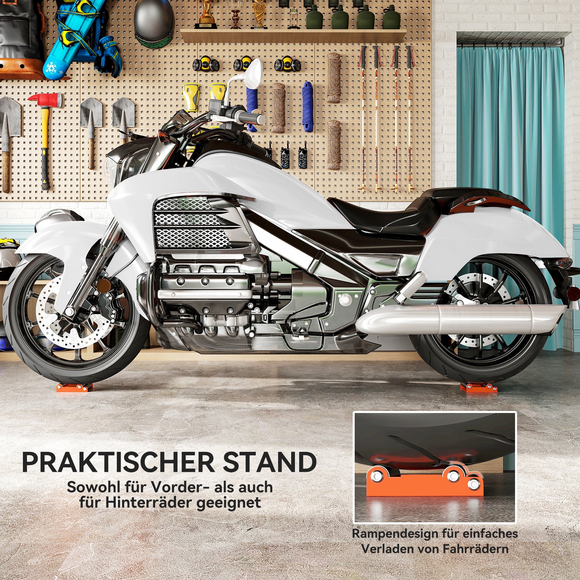 HOMCOM Motorrad Reinigungsständer Rollenständer Rad Drehhilfe Fahrrad <485 lb & Reifenbreite <180 mm Orange
