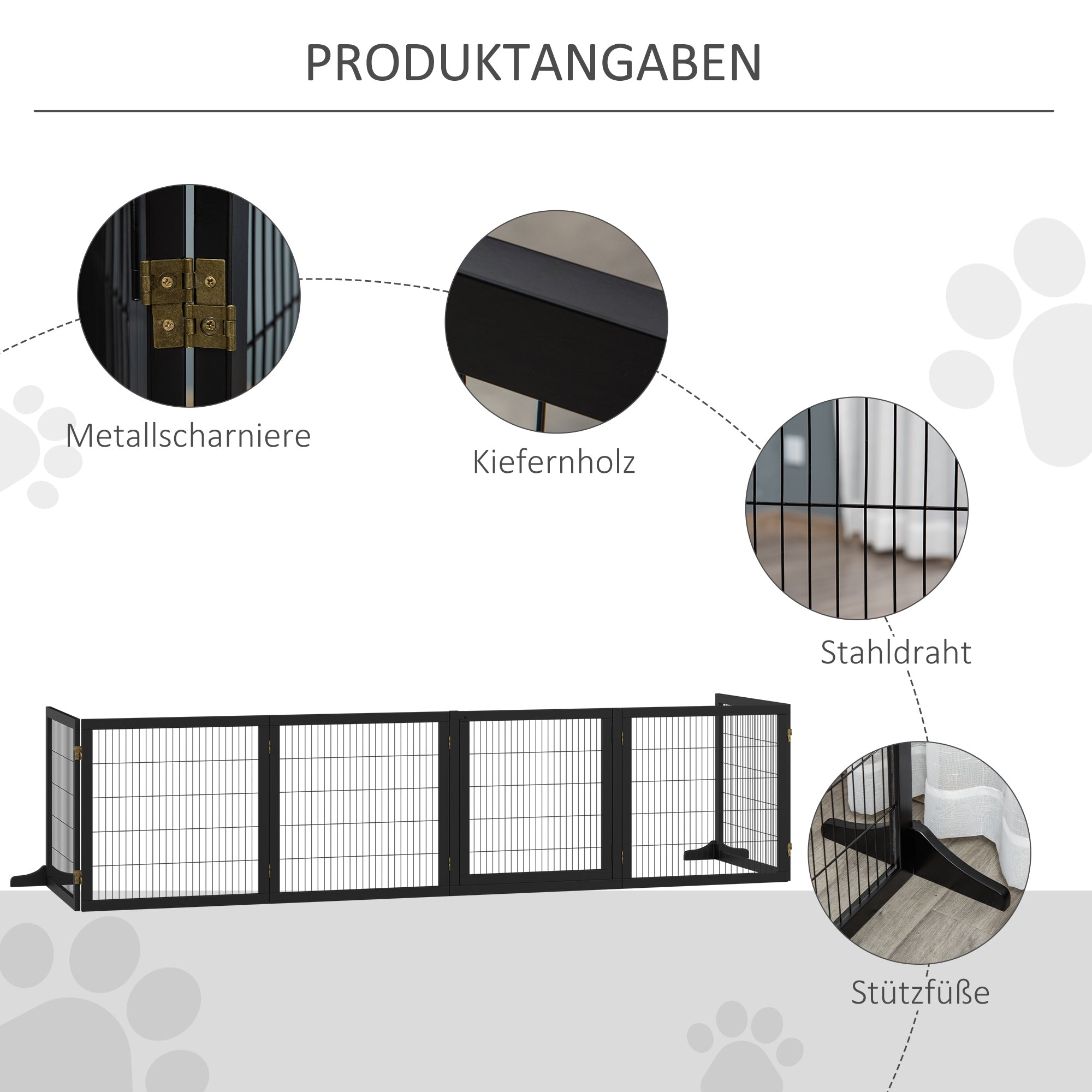 PawHut Absperrgitter für Hunde klappbar 432 x 36 x 70cm Kiefernholz Schwarz