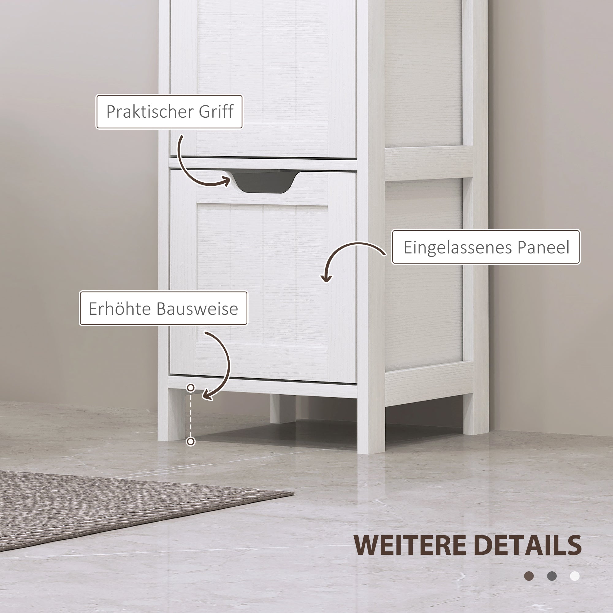 HOMCOM Badezimmerschrank, 2 Regale, 3 Schubladen, wasserabweisendes Material, Weiß