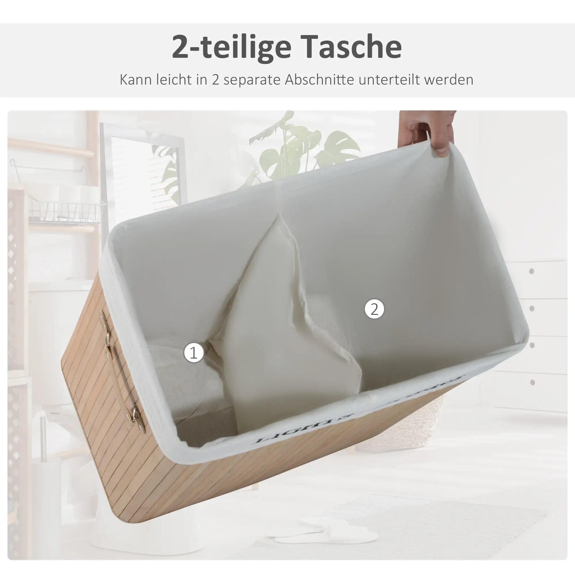 HOMCOM Bambus Wäschekorb mit Deckel 100 L Wäschesammler mit PU-Griffen, Wäschesack aus Segeltuch, Laundry Baskets Wäschesortierer für Waschküche Schlafzimmer Badezimmer Natur