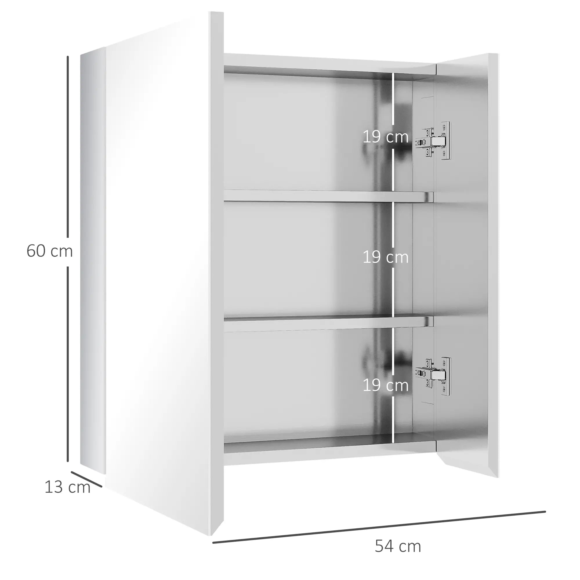 kleankin Spiegelschrank, Badschrank, 2 Spiegeltüren, 3 Innenböden, Edelstahl, Farbe: Silber, 54 x 13 x 60 cm