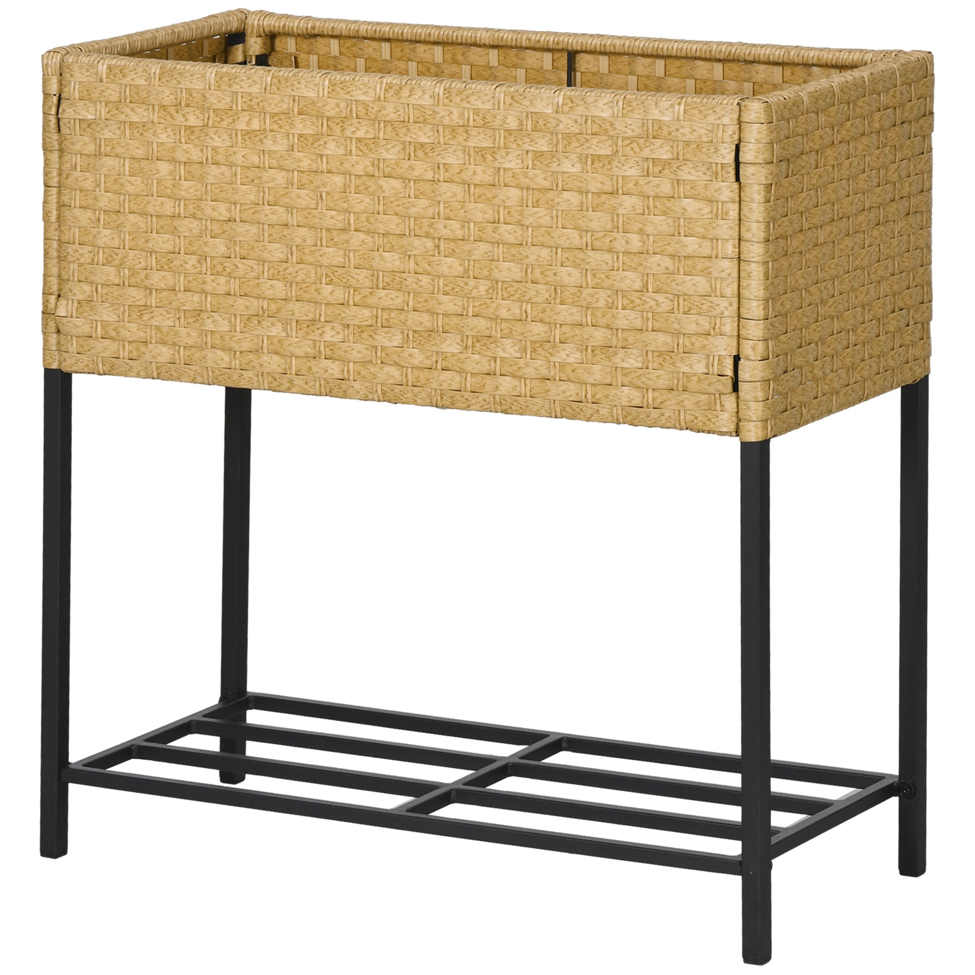 Outsunny Hochbeet, Blumenkasten, tiefe Ablage, Metallrahmen/Polyrattan, 70 x 30 x 70 cm, Sandfarben