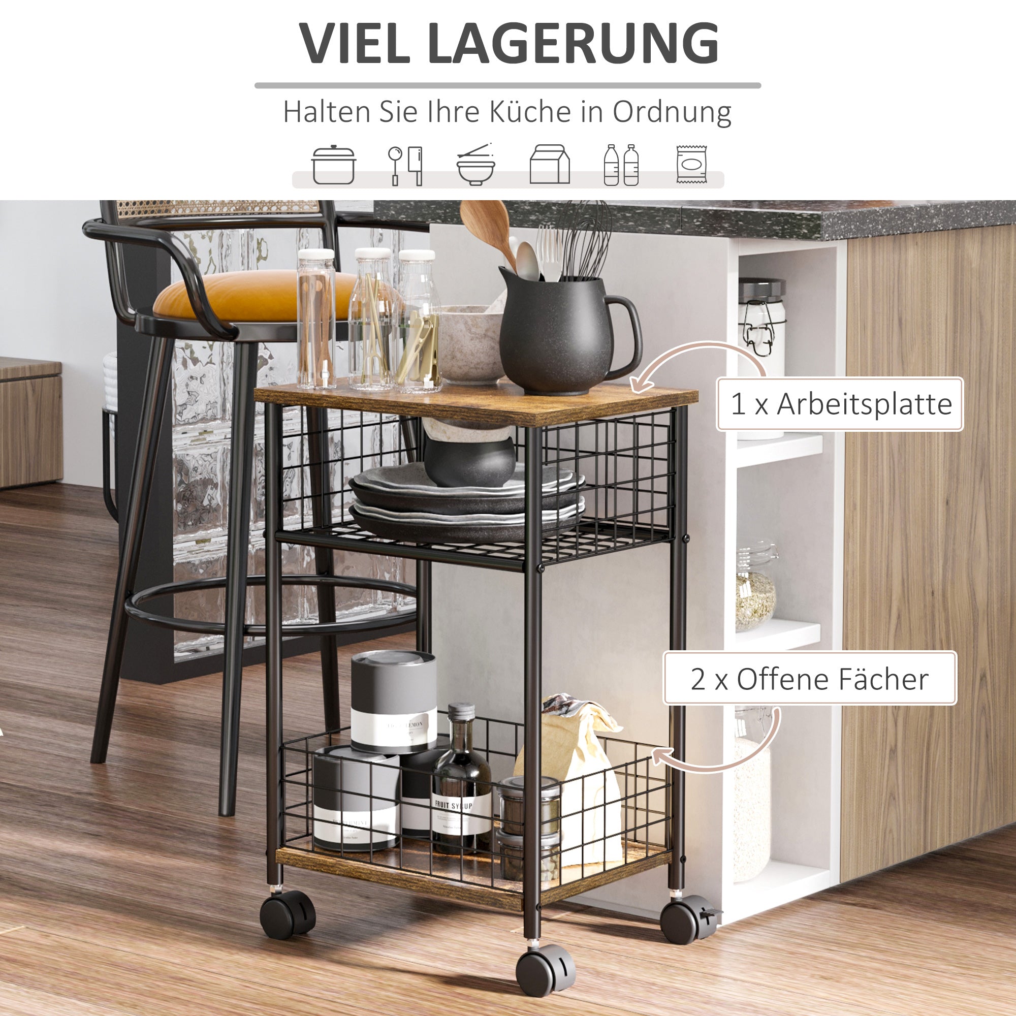 HOMCOM Küchenwagen im Industriedesign 1 Regal 1 Aufbewahrungskorb 4 Räder 40 cm x 30 cm x 62 cm Stahl Schwarz + Braun