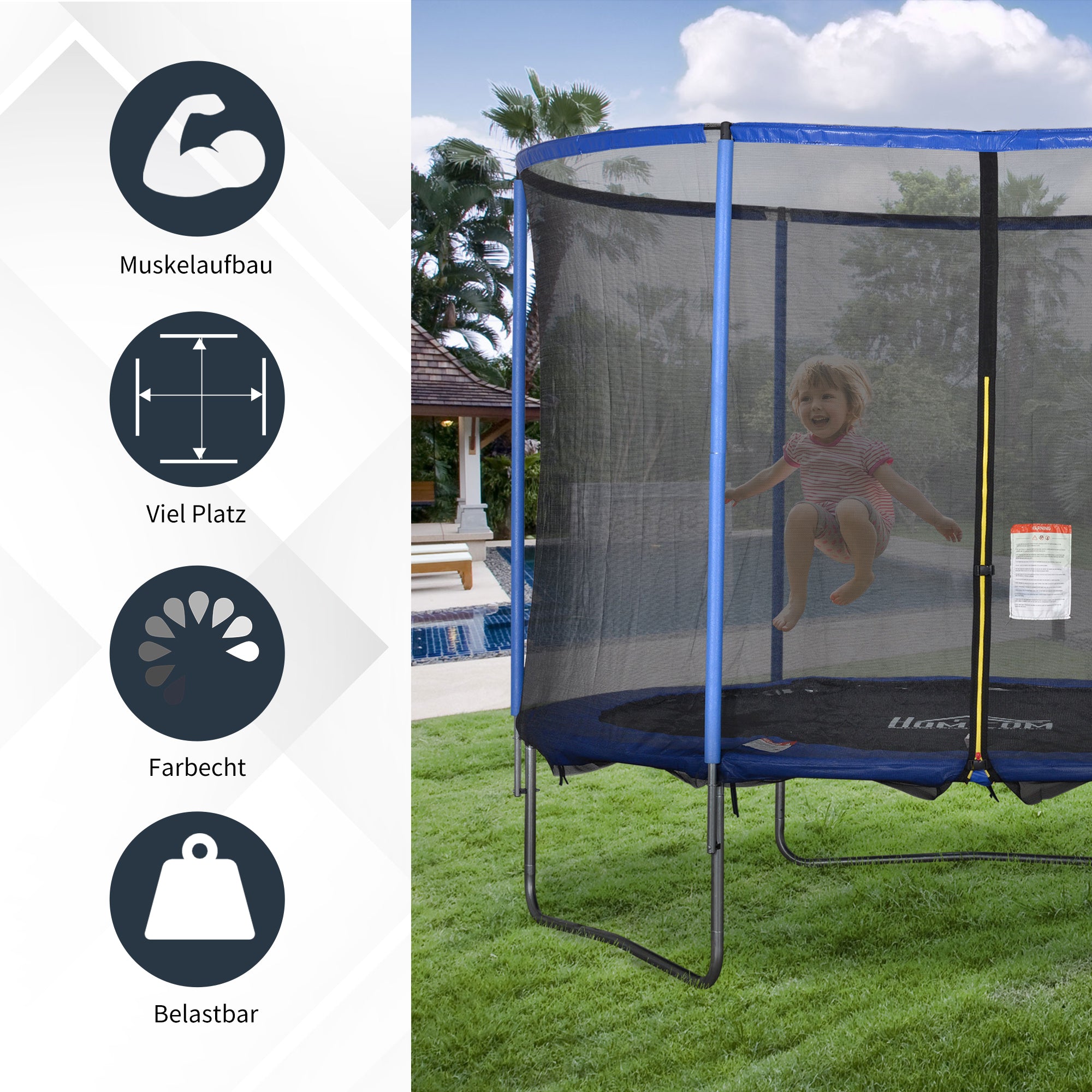 HOMCOM Trampolin mit Sicherheitsnetz Gartentrampolin für Innen- und Außenbereich Fitnesstrampolin für Kinder und Erwachsene Stahl Blau+Schwarz bis 113,6 kg Ø305 x 248H cm
