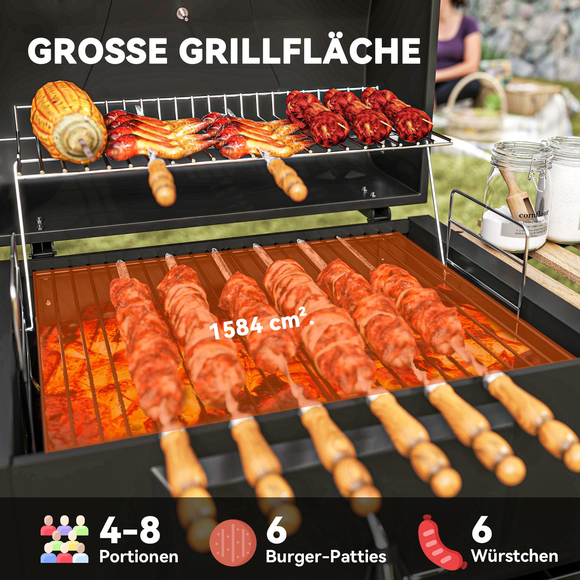 Outsunny Holzkohlegrill, höhenverstellbare Kohlenpfanne, Grillwagen, Regale, Thermometer, Flaschenöffner, Stahl, Holz, Schwarz
