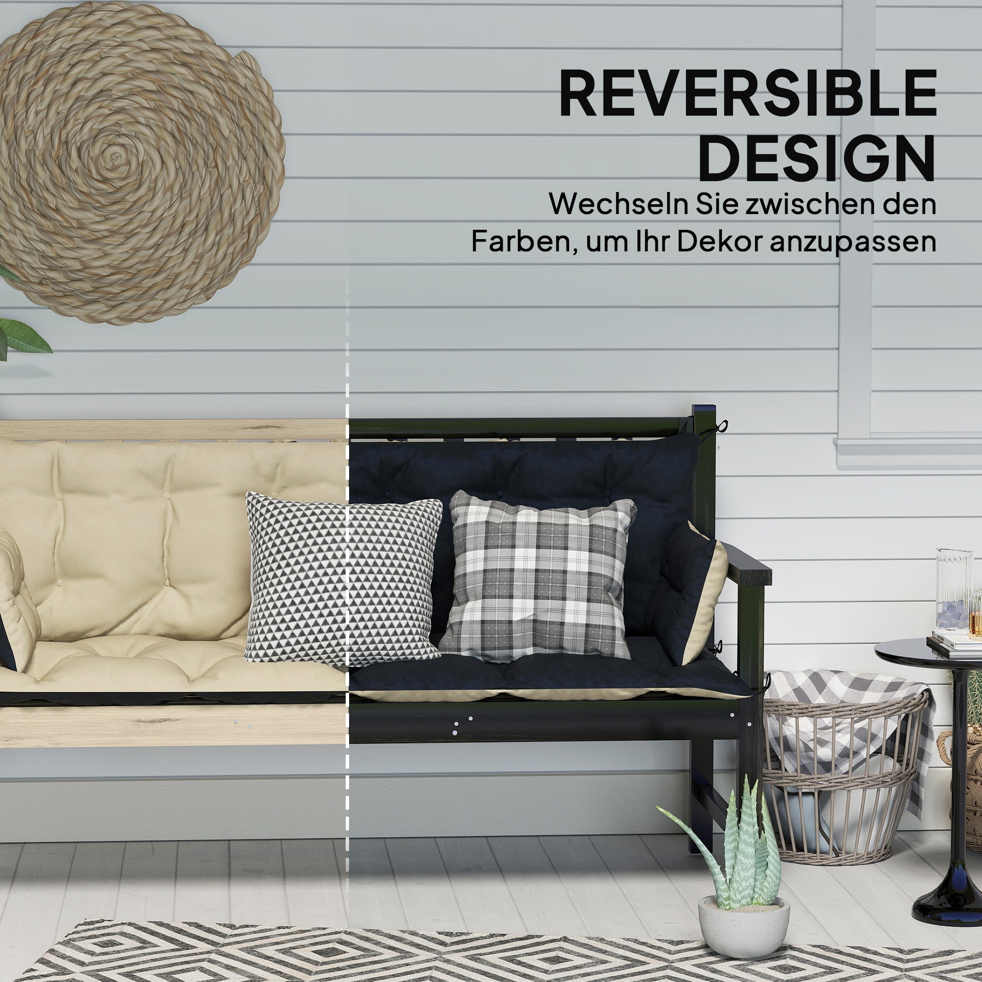 Outsunny Outdoor-Kissen-Set für Bank oder Hollywoodschaukel, zweifarbig, Polyester, Schaumstoff, 180 x 110 x 8 cm, Beige+Schwarz