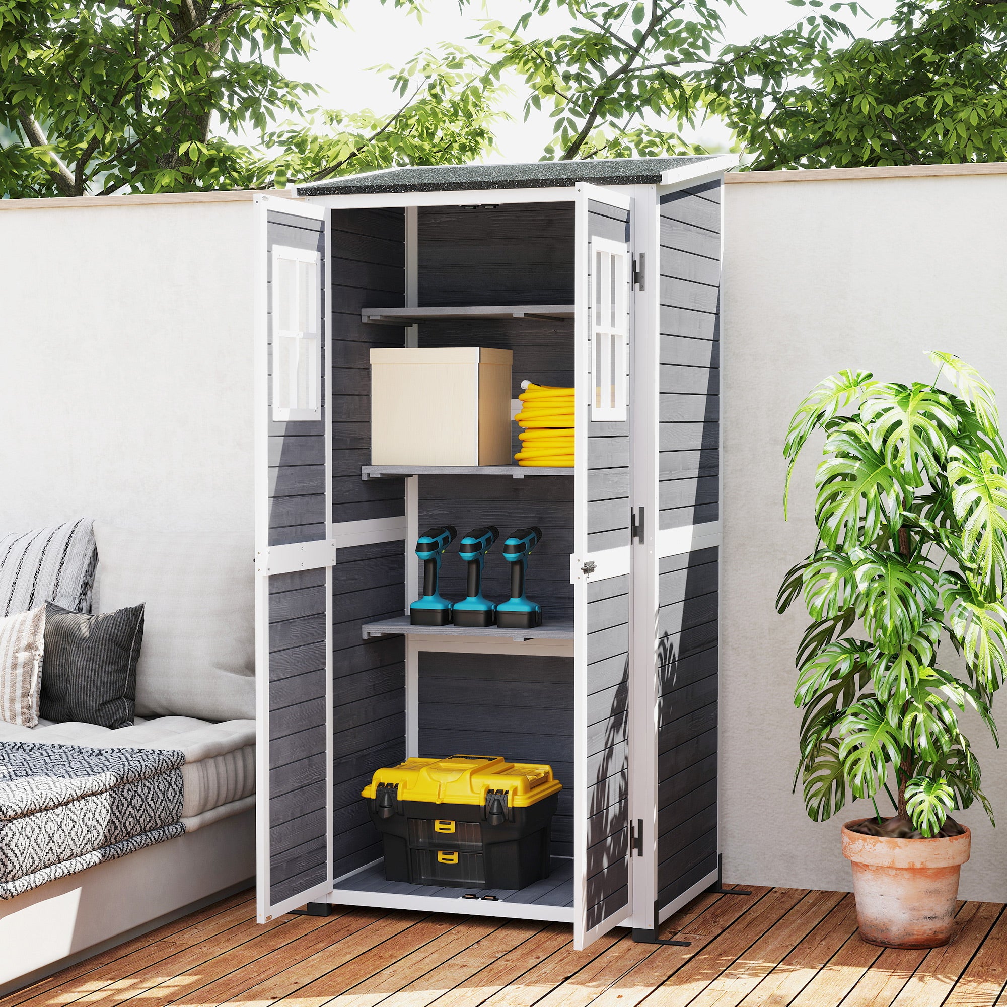 Outsunny Gartenlagerschuppen, Werkzeugschuppen mit 2 Fenstern, Bodenpfähle, Asphalt-Dach, 91 x 69 x 192 cm, Tannenholz, Hellgrau