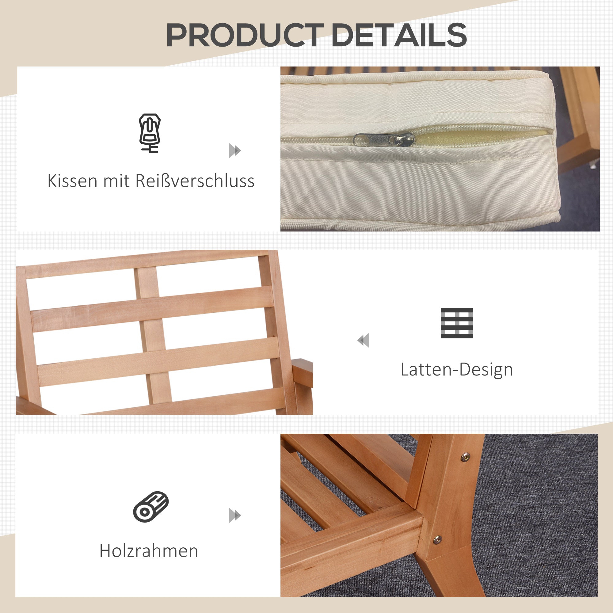 Outsunny 2er-Set Gartenstühle mit Kissen Gartensessel Set Gartenstuhl aus Pappelholz Gartenmöbel Holzstuhl Balkonstuhl Terrassenstuhl Braun+Beige 66 x 77,5 x 74,5 cm