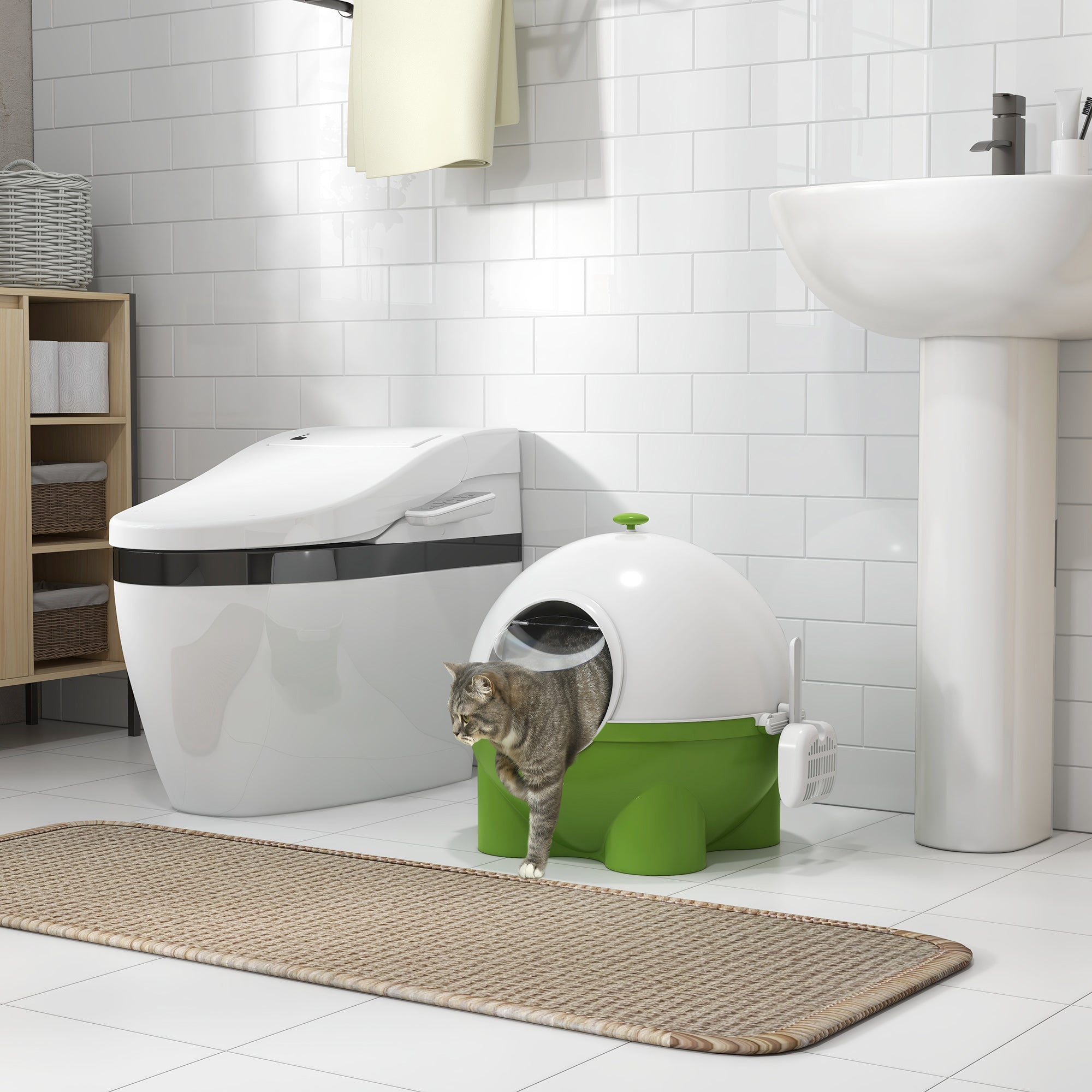 PawHut Katzentoilette mit Sieb, inkl. Schaufel, niedliches Design; Grün + Weiß