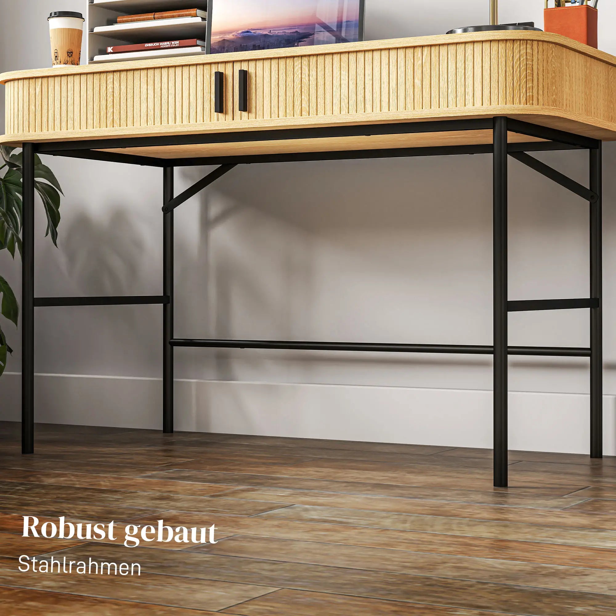 HOMCOM Schreibtisch mit Stauraum Lamellendekor Eiche