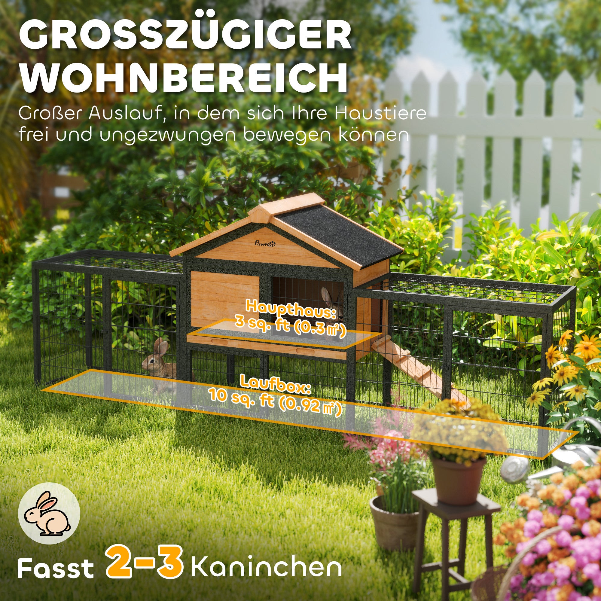 PawHut Hasenstall 2 Ebenen Kaninchenstall aus Vollholz Winterfest Doppelstockhaus mit Freilaufgehege 217x53x86 cm Gelb