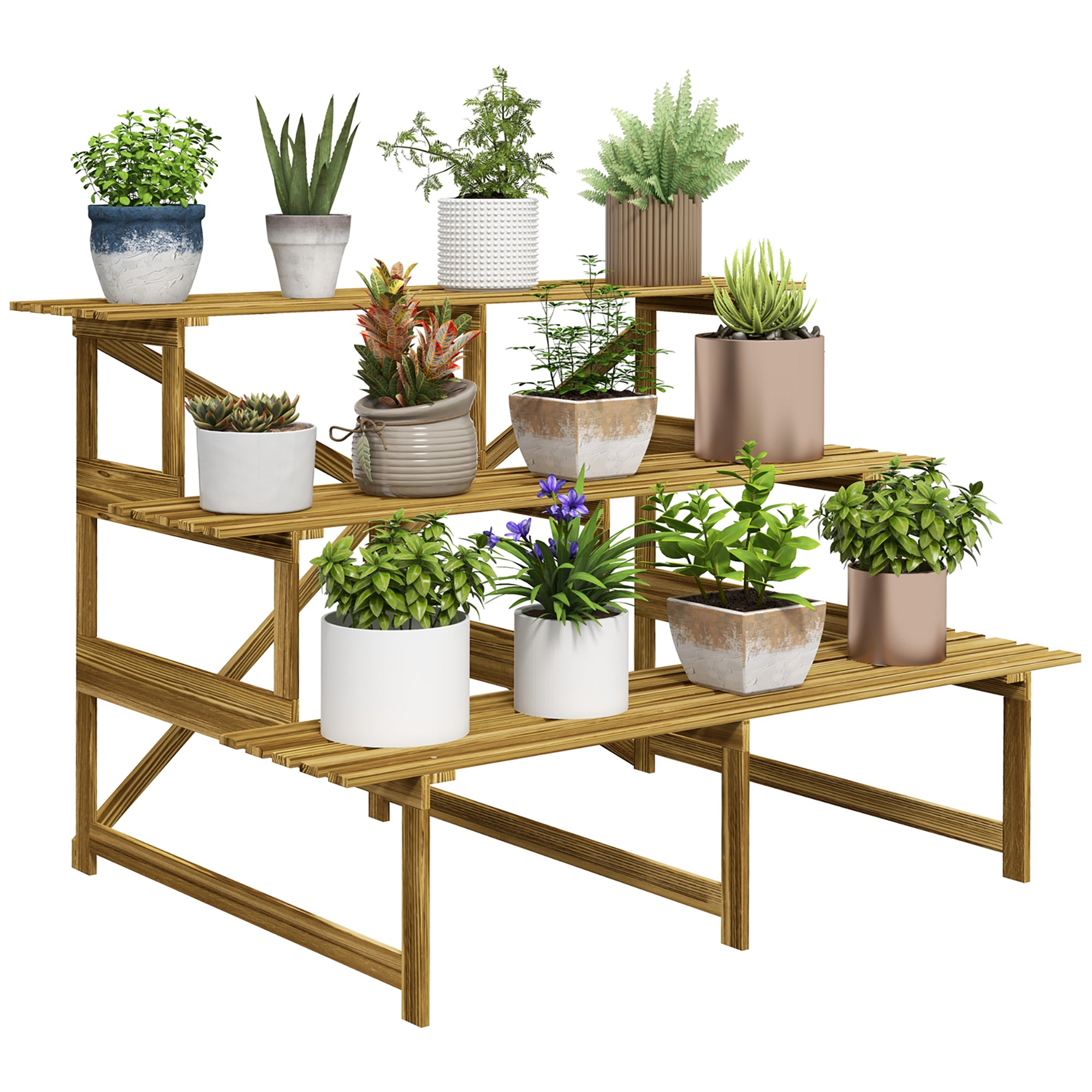 Outsunny Pflanzentreppe, Blumentreppe, Blumenregal, Pflanzregal, Blumenständer, 3 Stufen, Tannenholz, 120 x 80 x 78cm