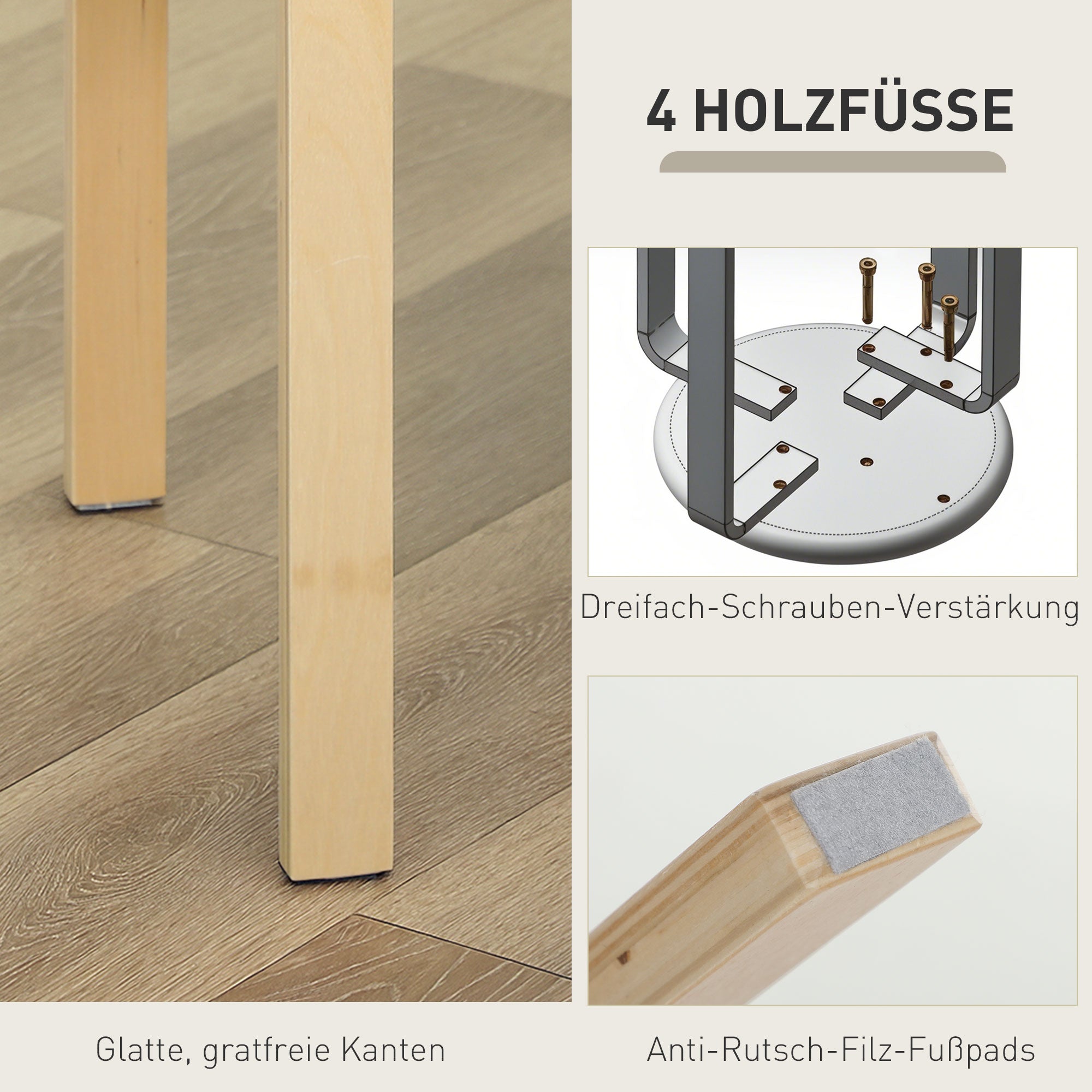 HOMCOM Polsterhocker im 4er-Set, stapelbar, lackierte Oberfläche, Holzbeine, Grau
