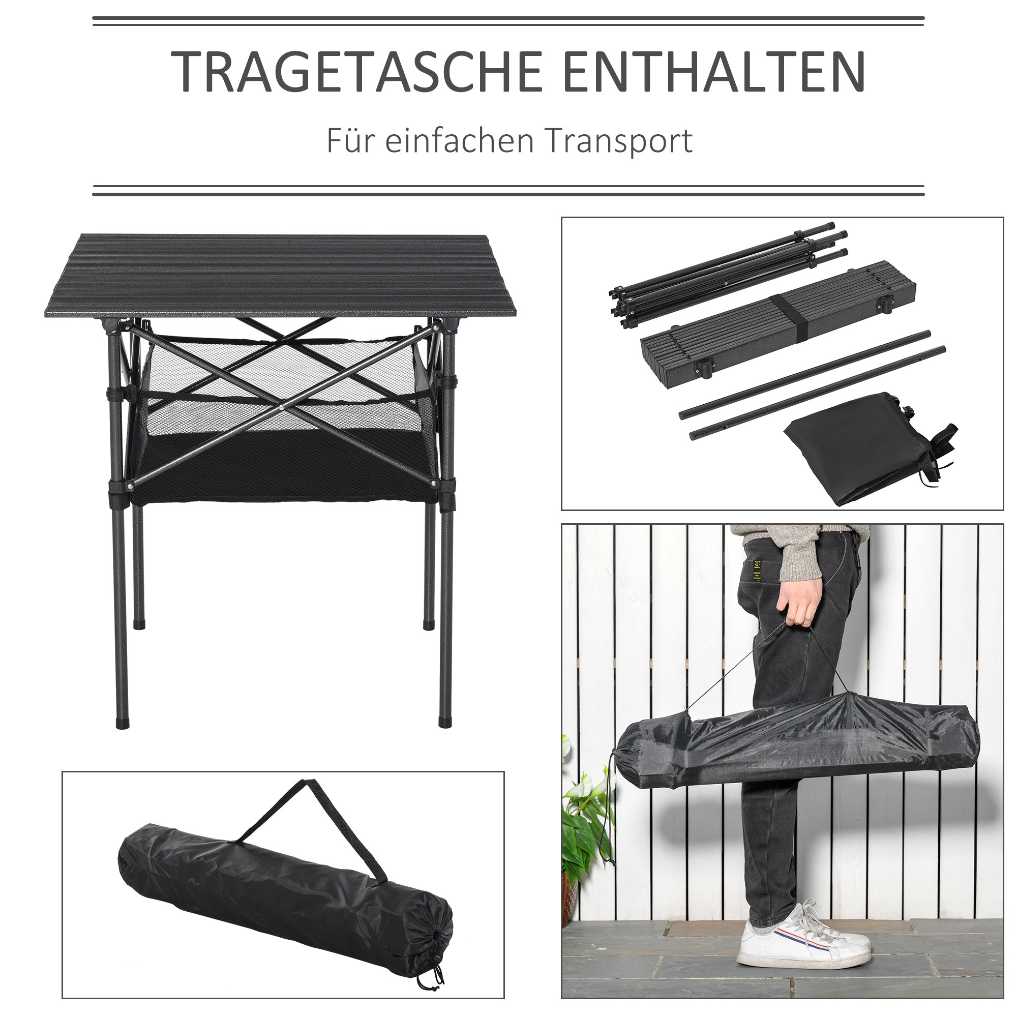 Outsunny Campingtisch aus Aluminium faltbar Klapptisch Falttisch mit Netztasche tragbarer Picknicktisch für Camping Garten Party Picknick Balkon Schwarz 70 x 70 x 69 cm
