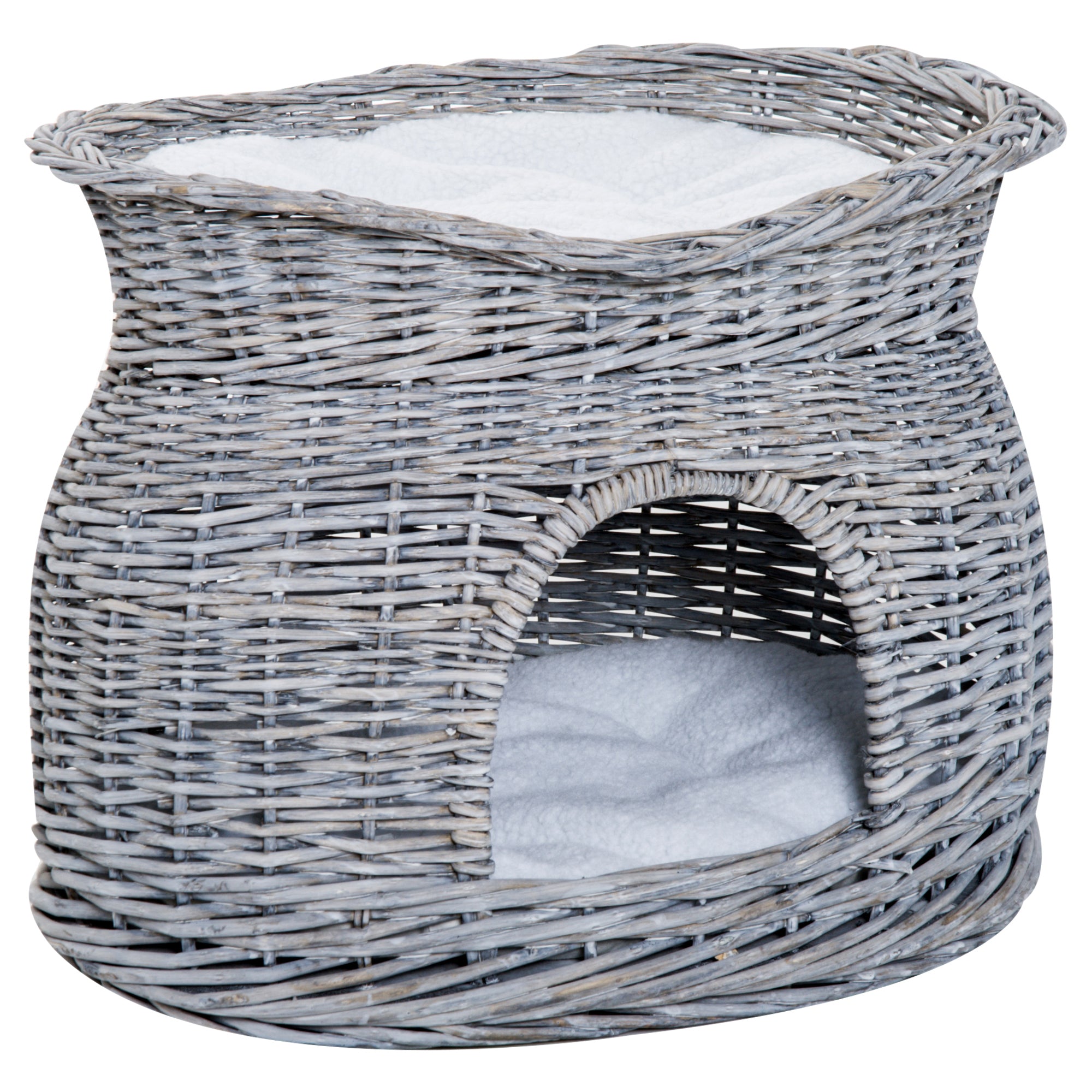 PawHut Rattan Weidenkorb für Katzen Katzenhütte mit 2 weichen Liegekissen Katzenkorb Haustierbett aus Wasserhyazinthe für Wohnzimmer Grau 56 x 37 x 40 cm