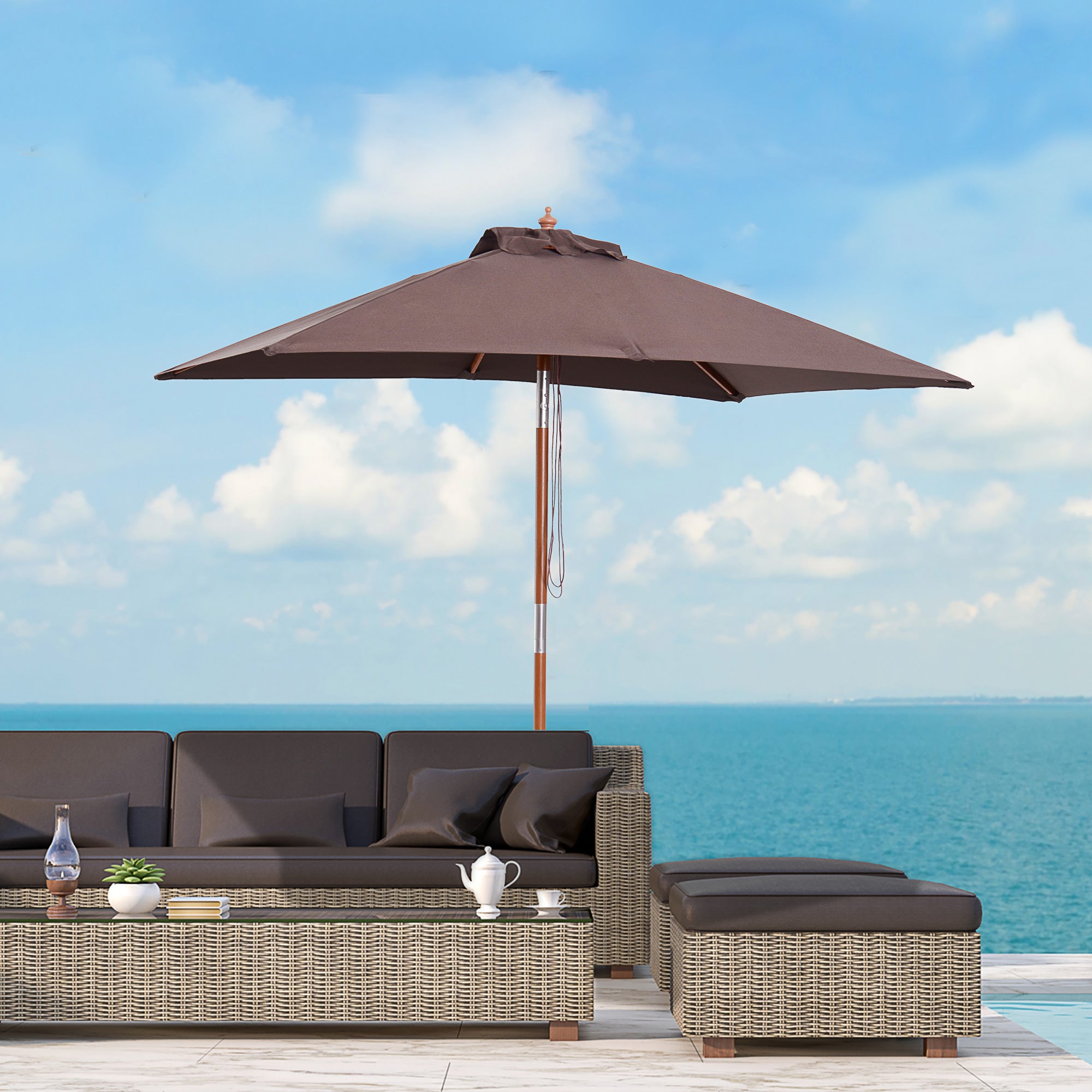 Outsunny Sonnenschirm 200 x 150 x 235 cm Knickbarer Gartenschirm 3-stufig einstellbar rechteckig Strandschirm wasserabweisend und UV-beständig für Strand Balkon Terrasse Garten Kaffee
