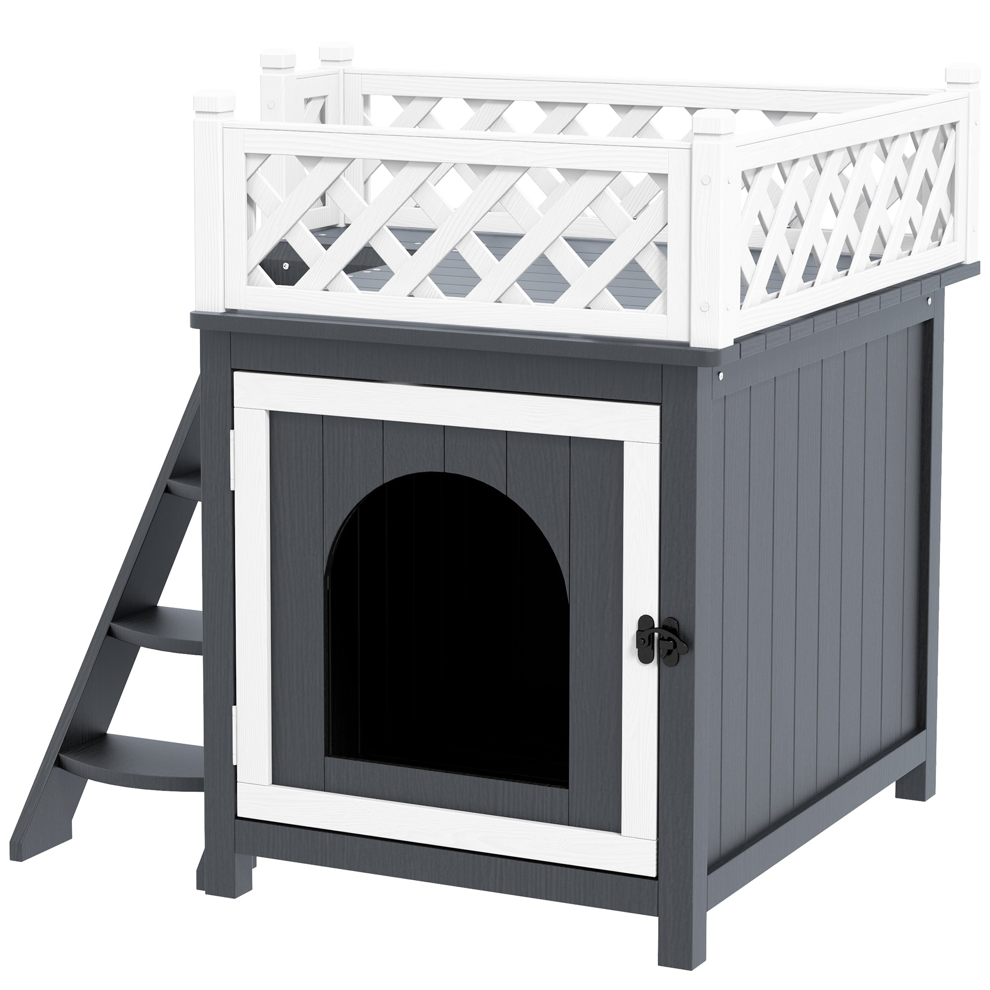 PawHut Katzenhaus, zweistöckig, mit Balkon und Treppe, für drinnen und draußen, für Katzen und Kaninchen, Tannenholz, Grau