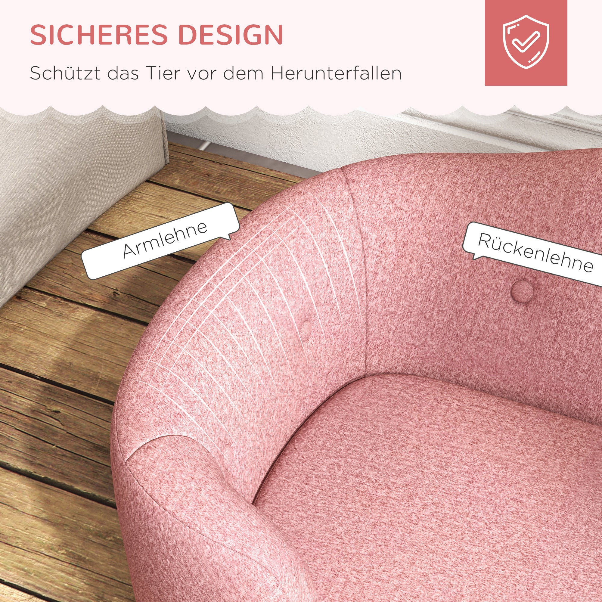 PawHut Haustiersofa Hundematte Hundebett Hundesofa Hundecouch Katzen Sofa mit Kissen Rückentasche Plüsch Schaumstoff Kiefernholz Rosa 70 x 47 x 30 cm