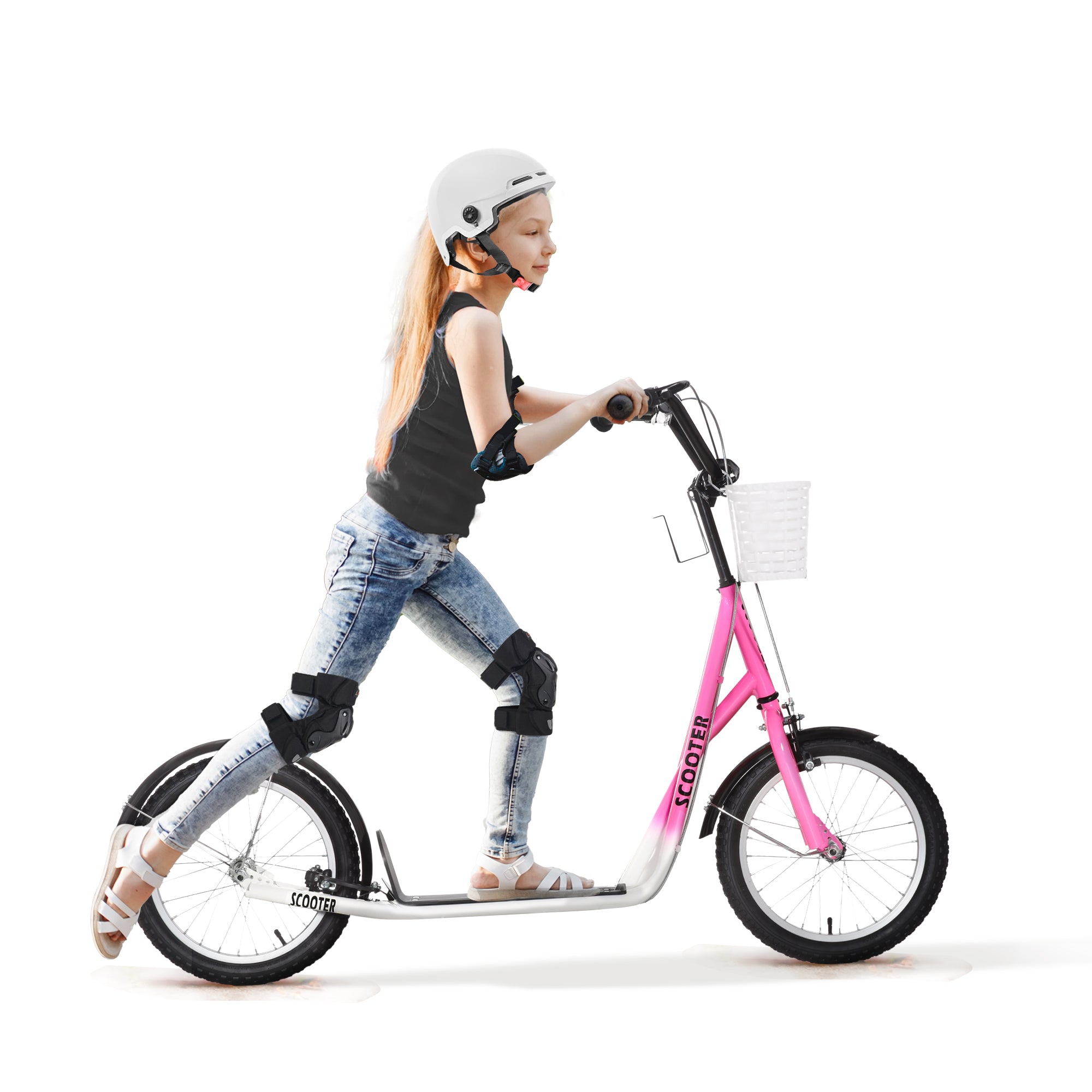 HOMCOM Kinderroller Tretroller mit Bremse, inkl. Korb, höhenverstellbar, für Kinder von 5 bis 12 Jahren, Weiß + Pink