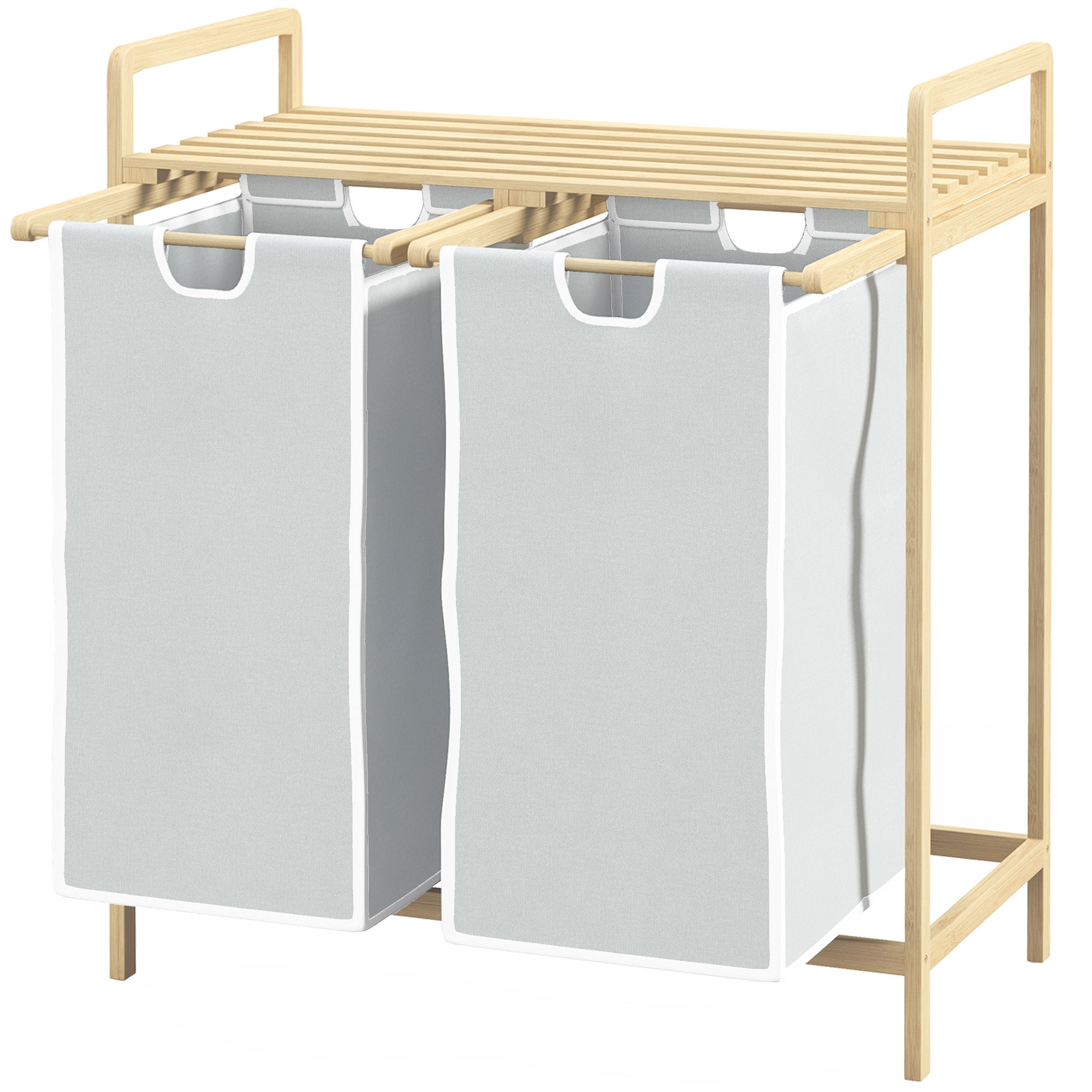 HOMCOM Wäschekorb mit 2 Waschsäcken, 1 Ablage, Bambus, 63,5 cm x 33 cm x 73 cm, Hellgrau + Natur