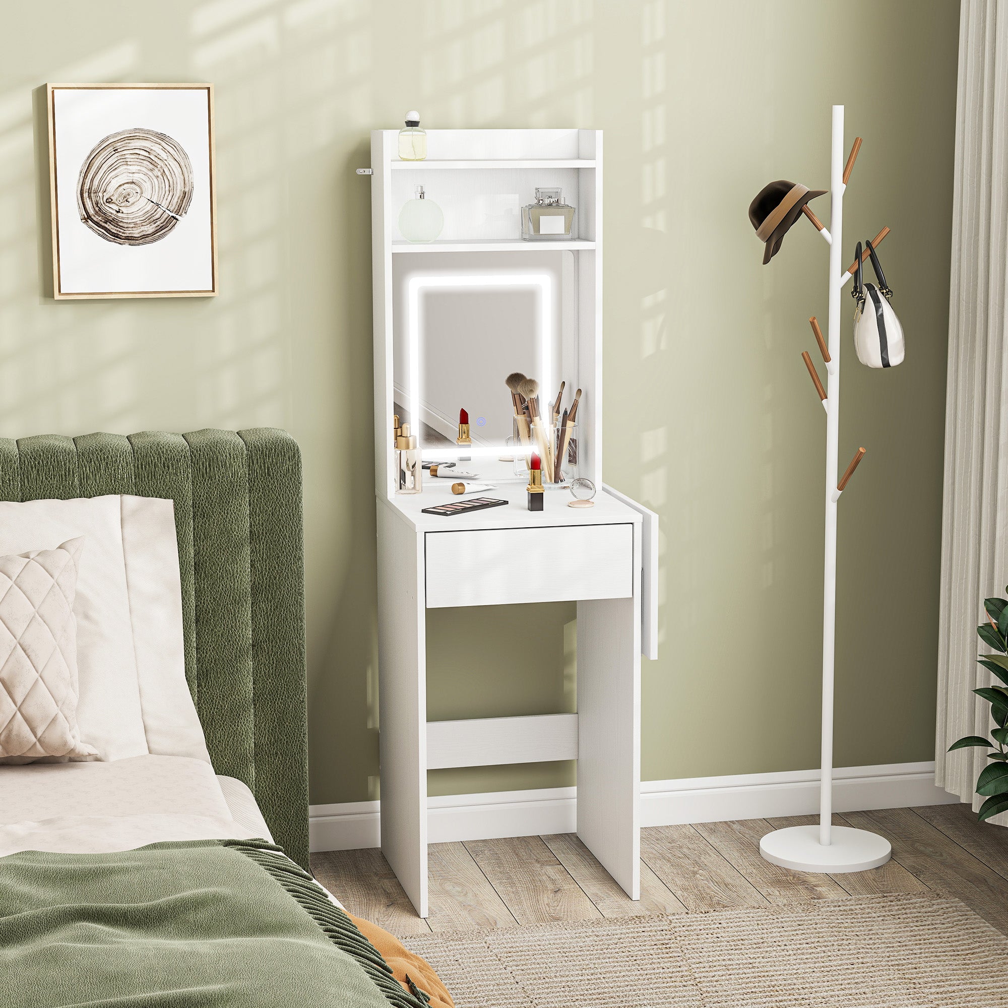 HOMCOM Kompakter Schminktisch mit Spiegel und LED-Beleuchtung, klappbare Tischplatte, offenere Regale, Schublade, MDF, Weiß