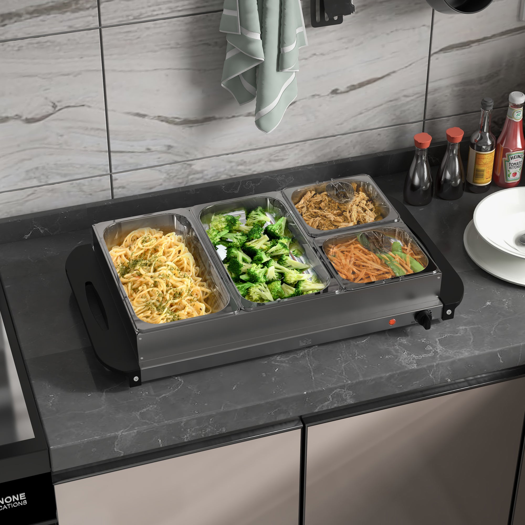HOMCOM 2-in-1 Buffetwärmer 6,8L Warmhalteplatte 300 Watt Edelstahl Speisewärmer Silber