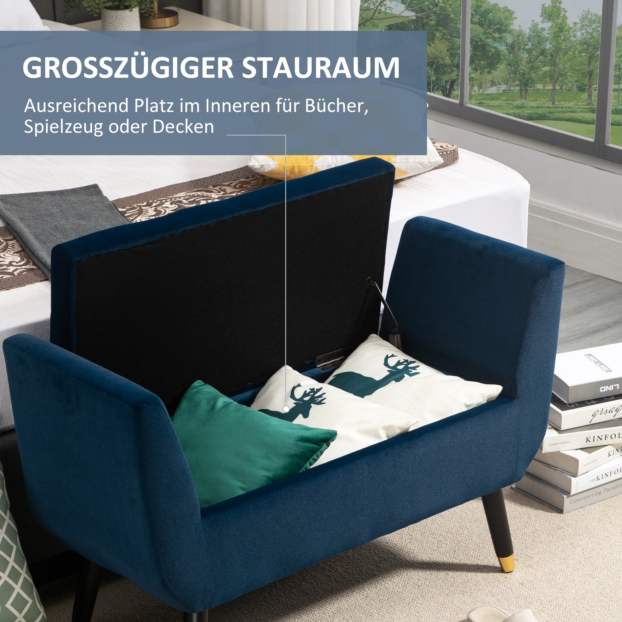 HOMCOM Sitzbank mit Stauraum Armlehnen Polsterbank mit Samtoptik, Sitztruhe mit Holzbeine, Truhenbank für Wohnzimmer Schlafzimmer Flur 107 x 42 x 65 cm, Blau