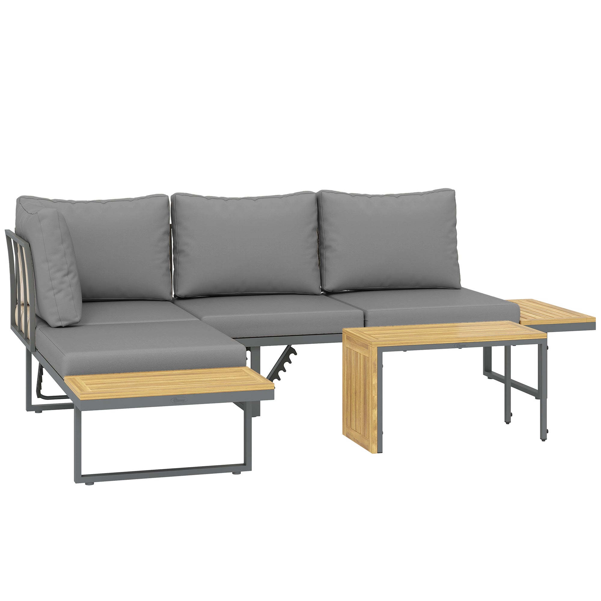 Outsunny Außenmöbel-Set, auf 6 Sitze erweiterbar, L-förmige Outdoor-Sitzecke mit Tischen, Stahlrahmen, verstellbare Lehnen, Grau