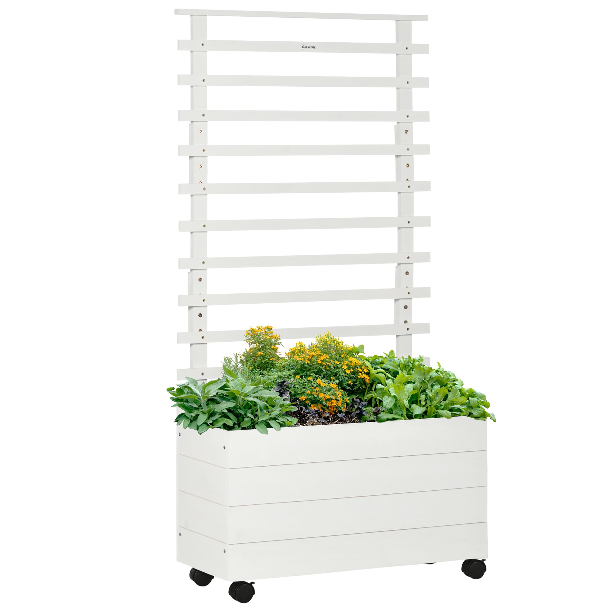 Outsunny Pflanzkasten mit Spalier, 4 Räder, Naturholz, wetterfeste Lackierung, weiß, 76 x 30 x 155 cm