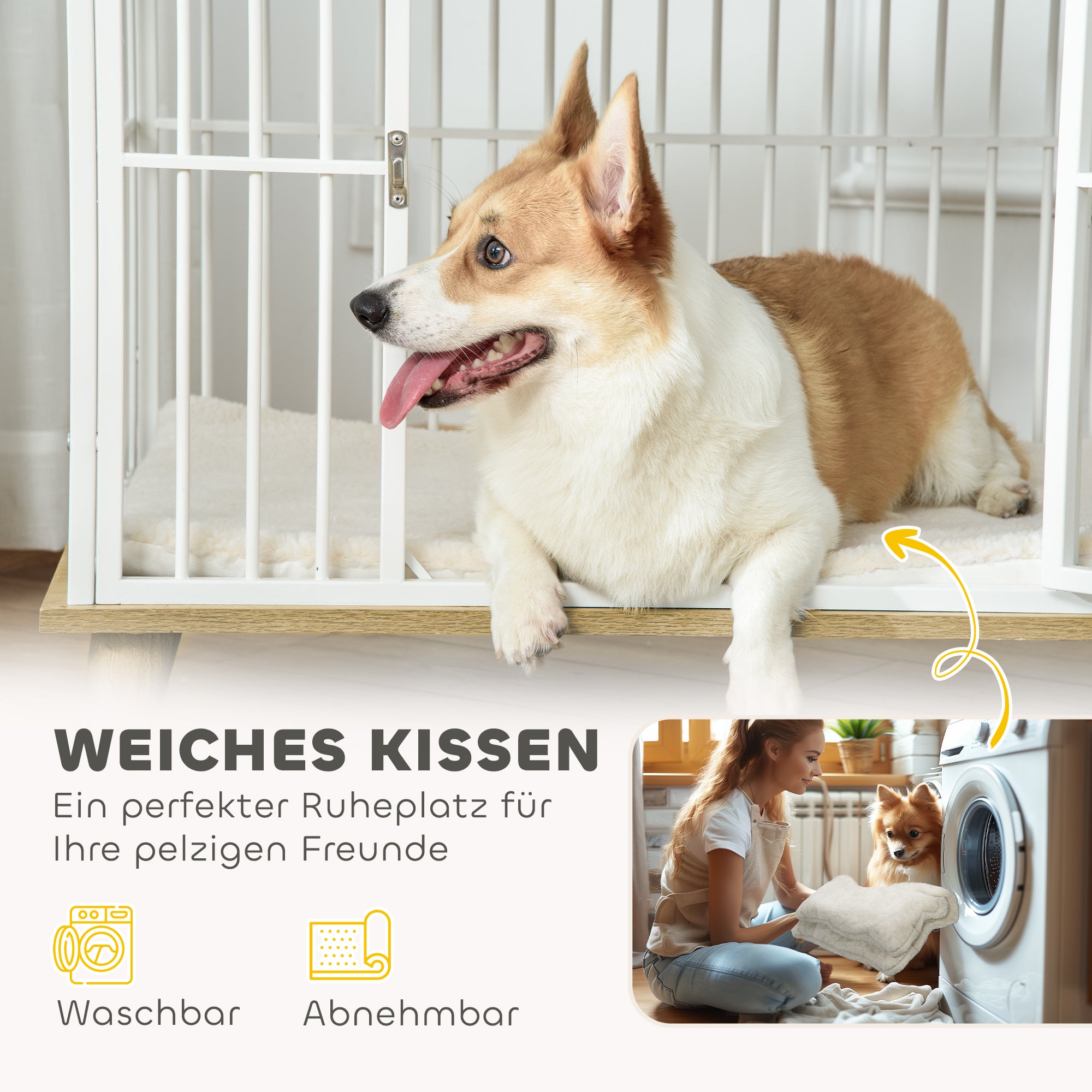 PawHut Hundebox mit Verriegelungstür, abnehmbares Kissen, gute Belüftung, Stahl, 86x60x70 cm, Weiß+Grau