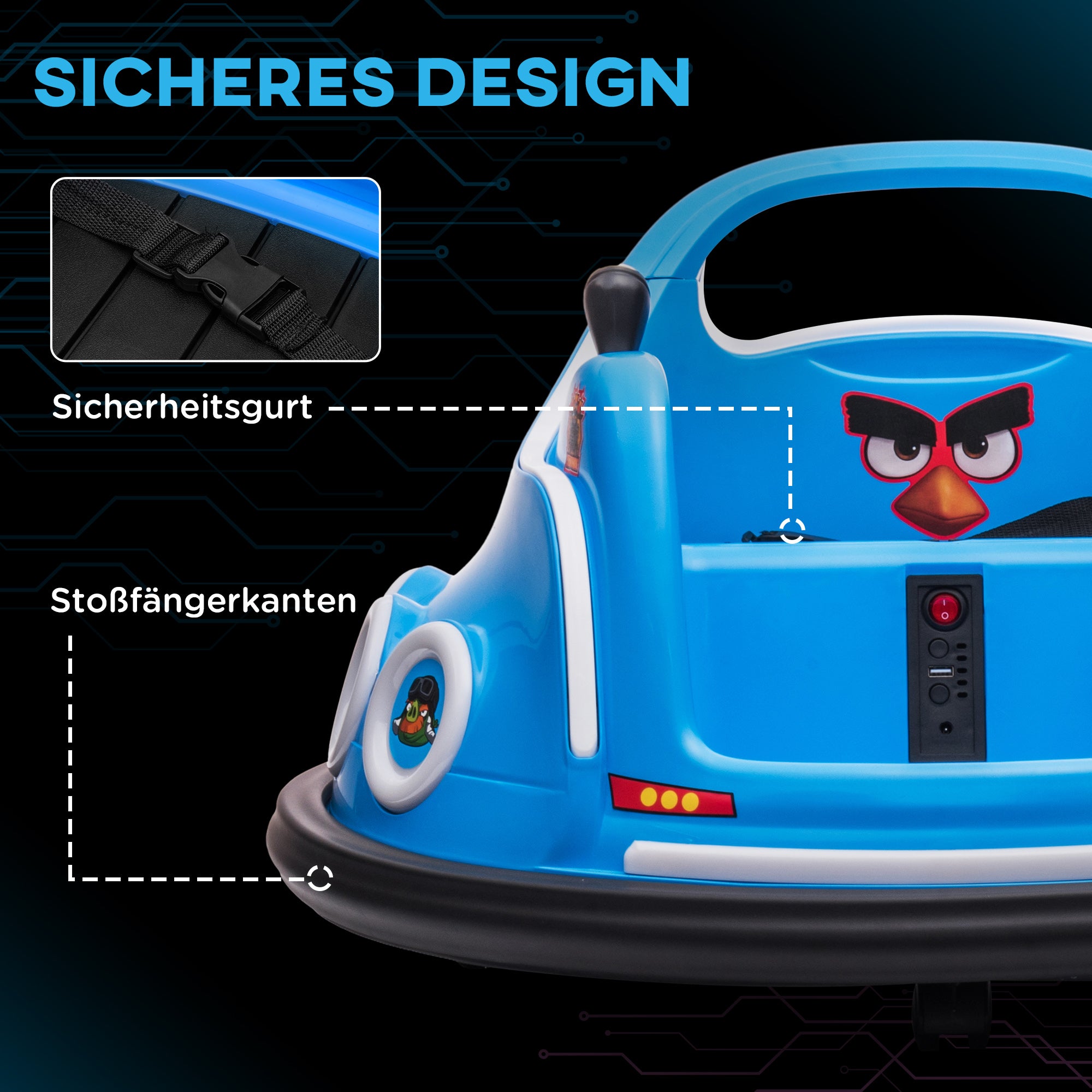 AIYAPLAY Kinder-Autoscooter, 360°-Drehung, für 3-5 Jahre, mit Fernbedienung, Musik, Blau