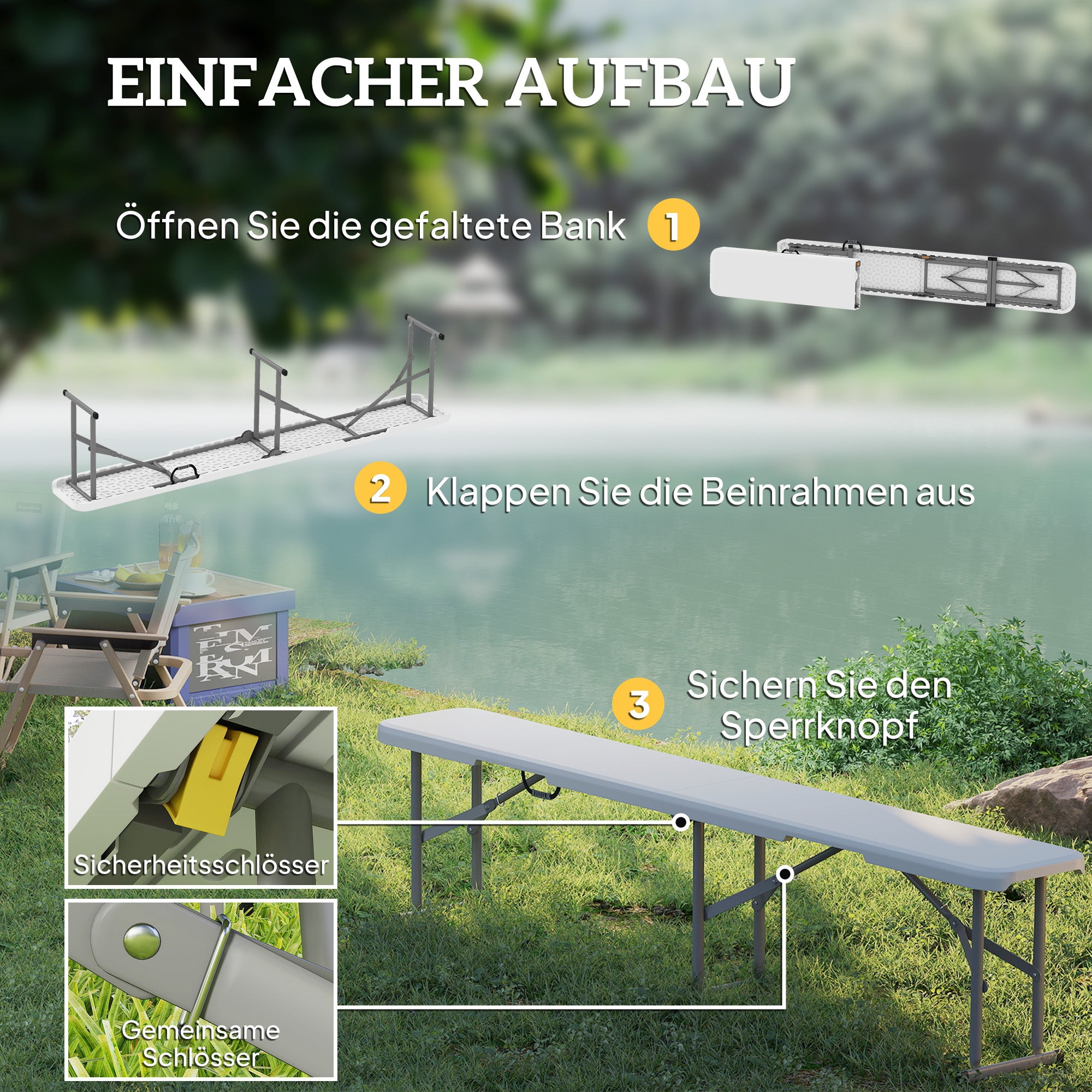 Outsunny Campingbank, Kunststoff-Outdoor-Bank, 240 kg Belastbarkeit, Weiß