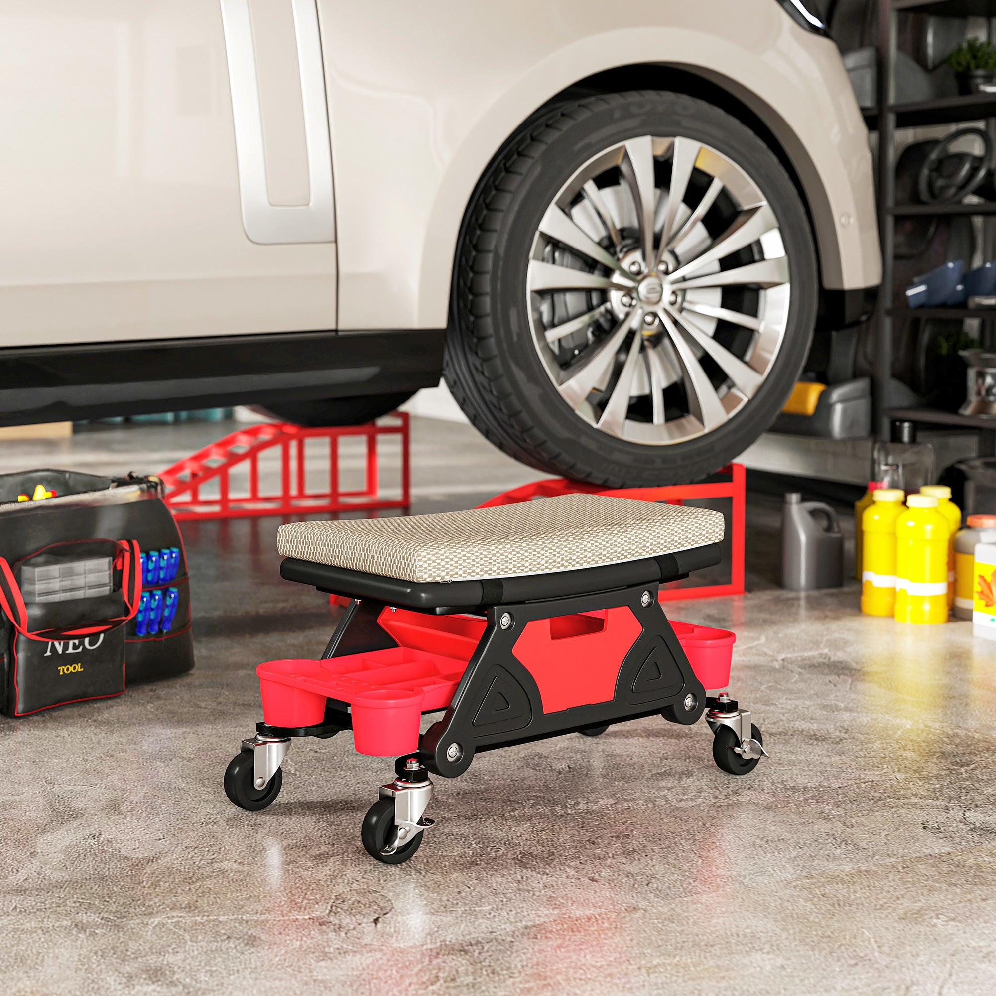 HOMCOM Werkstatthocker mit Rollen Ablagefläche 35cm hoch Rollhocker bis 135 kg belastbar Grau