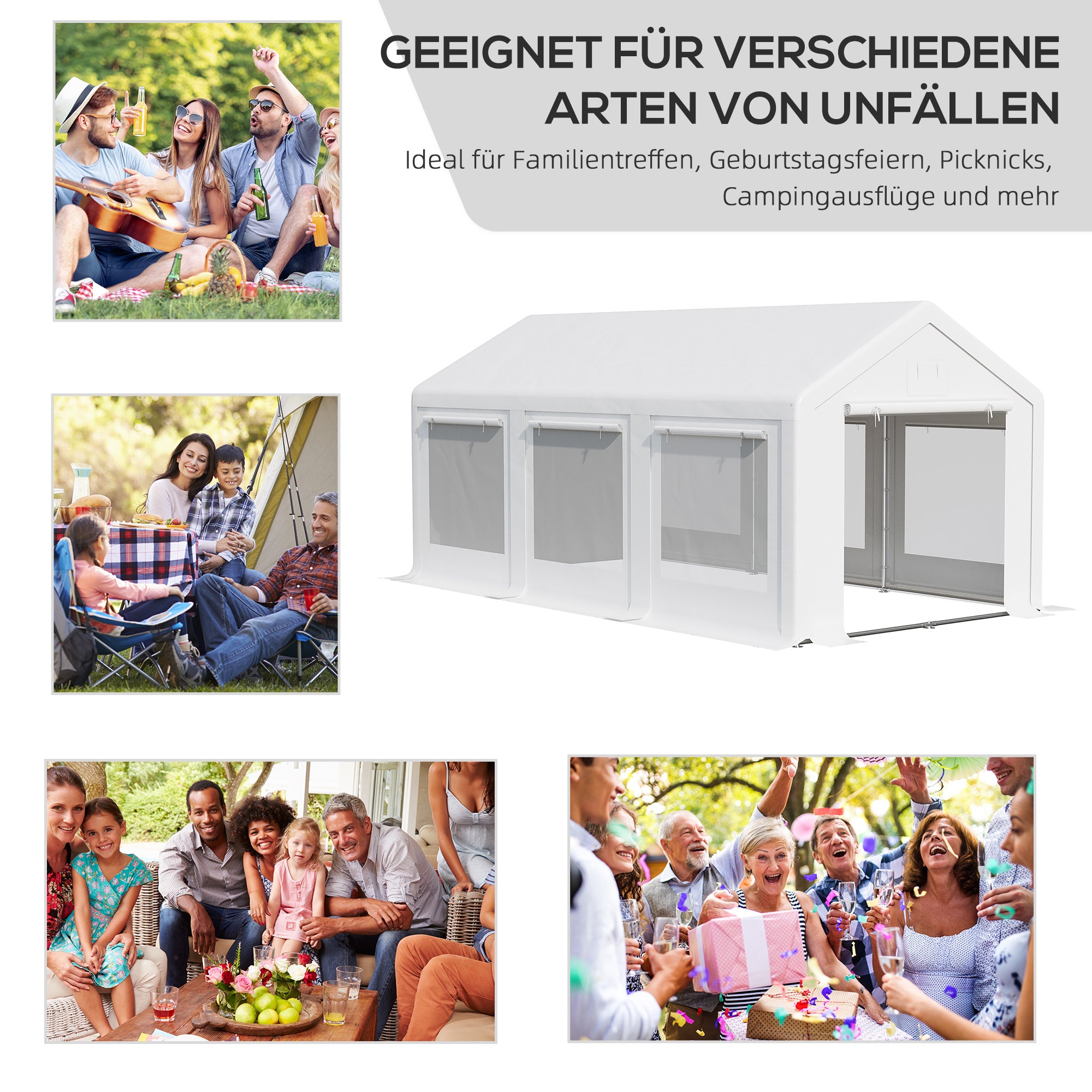 Outsunny Pavillon 6 x 3 m, Partypavillon, abnehmbare Seitenwände, mit aufrollbaren Türen + Fenstern, Weiß
