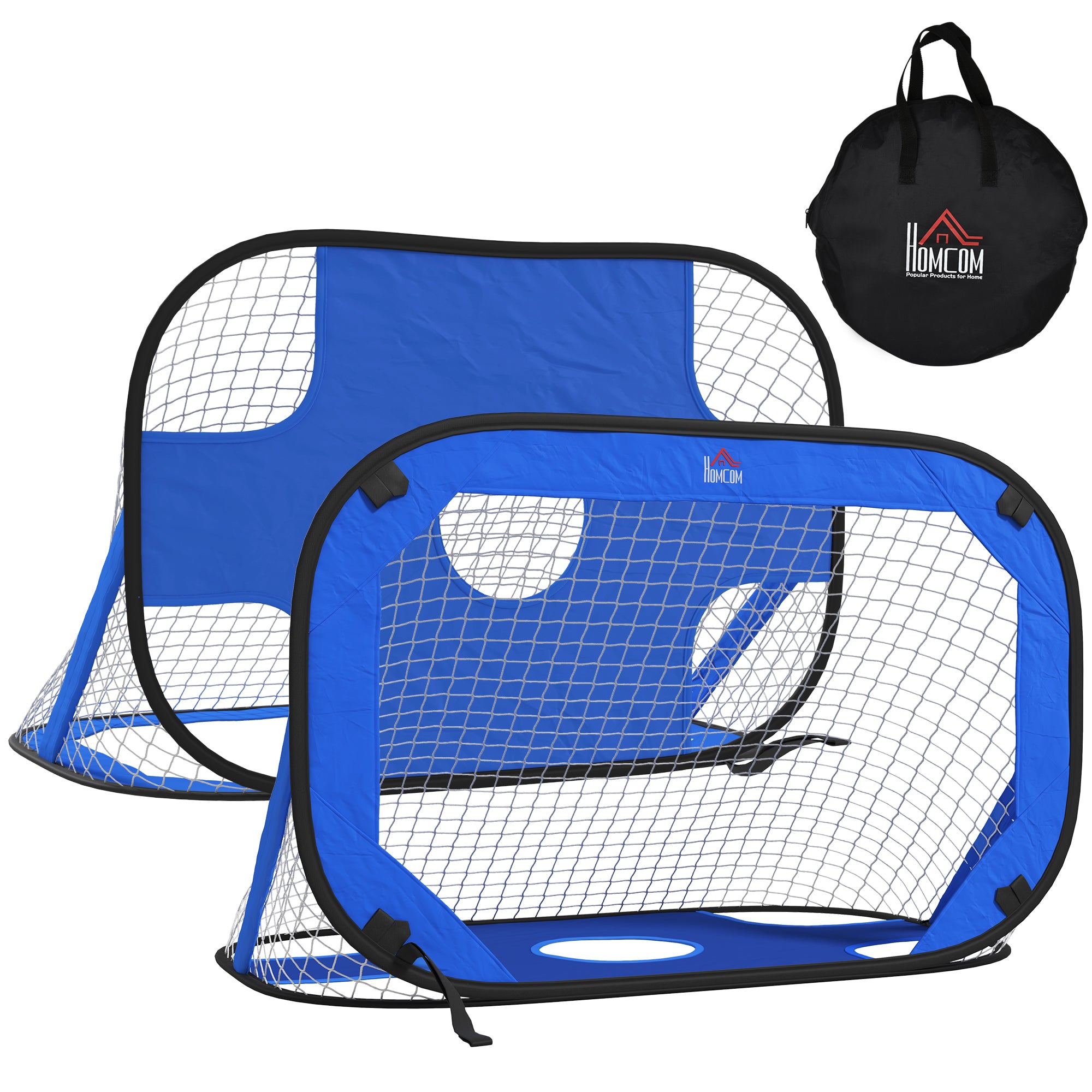 HOMCOM Fußballtore, Pop Up Tor, Tragbares Fußballnetz, 2er Set Minitore, mobil mit Tragetasche, Faltbar, Blau, 123 x 80 x 80 cm