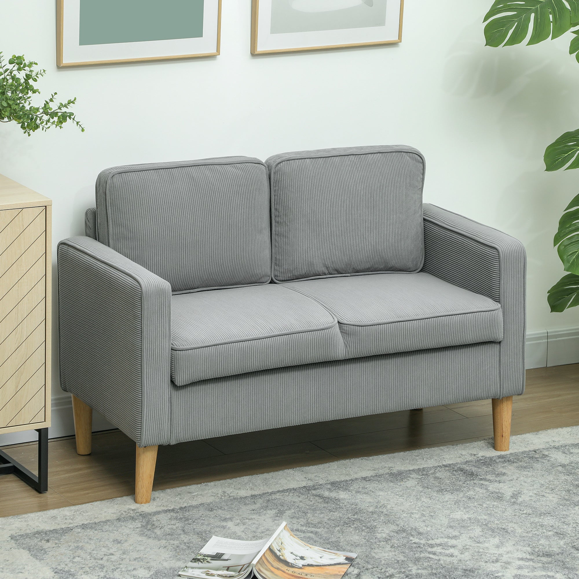 HOMCOM Zweisitzer Sofa mit Stauraum Cordoptik hellgrau