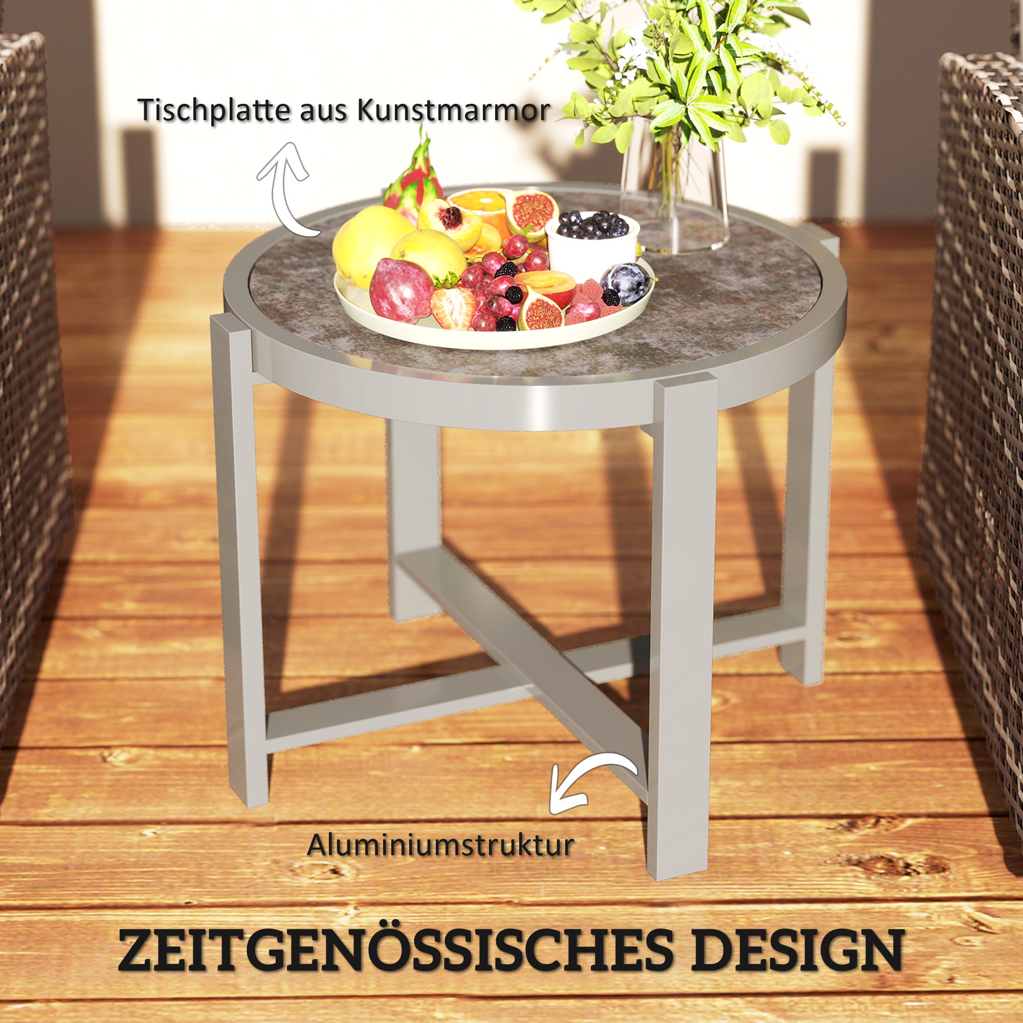 Outsunny Beistelltisch Gartentisch Rund wetterfest Aluminium Balkontisch mit Marmoroptik Grau