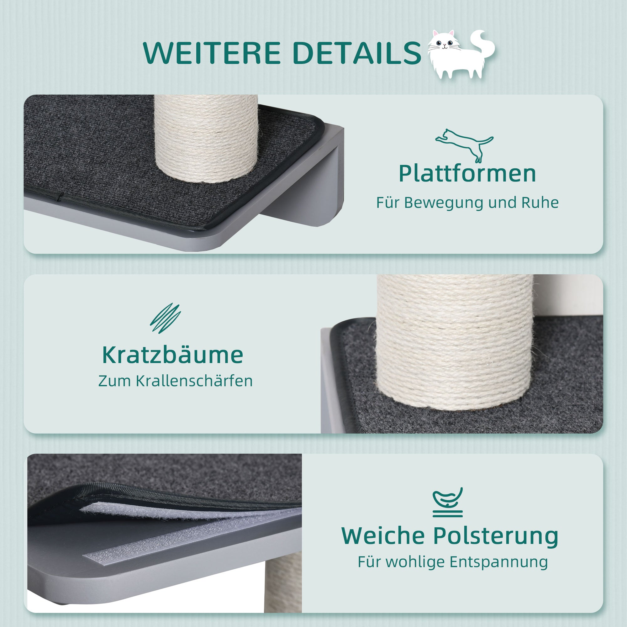 PawHut Wandkratzbaum Katzen-Kletterwand Kratzbaum Katzenmöbel für die Wand Kletterspaß für Katzen Wandmontage Holz Hellgrau+Beige 66 x 28 x 137 cm