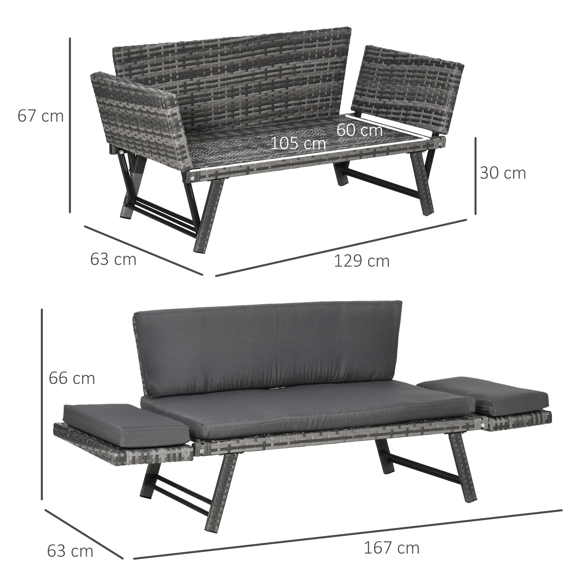 Outsunny Polyrattan Gartensofa 2 Sitzer Gartenmöbel Loungesofa Gartenbank Gartenliege klappbar Armlehnen Stahl Grau 129 x 63 x 67 cm