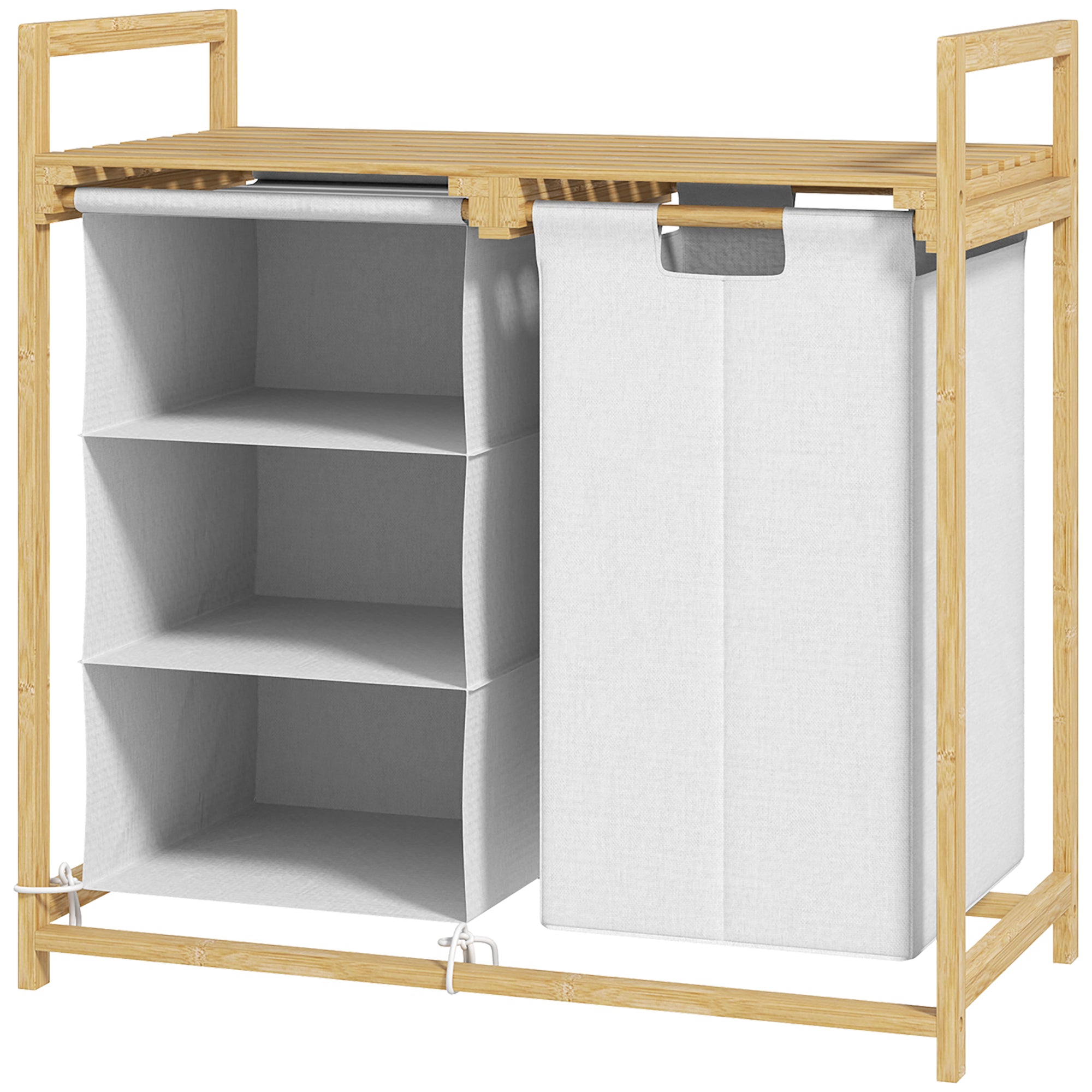 HOMCOM Wäschekorb mit Wäschesack, Stoffschublade, Bambus, 70x36x70 cm, Weiß/Holz