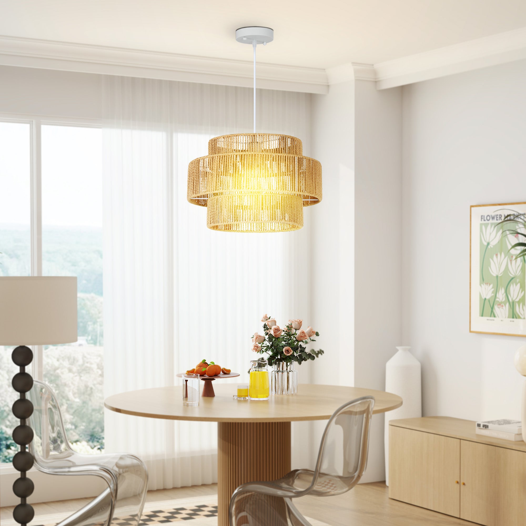 HOMCOM Hängelampe, 3-stufiger Lampenschirm, Metall, Hanfseil, Hellbraun