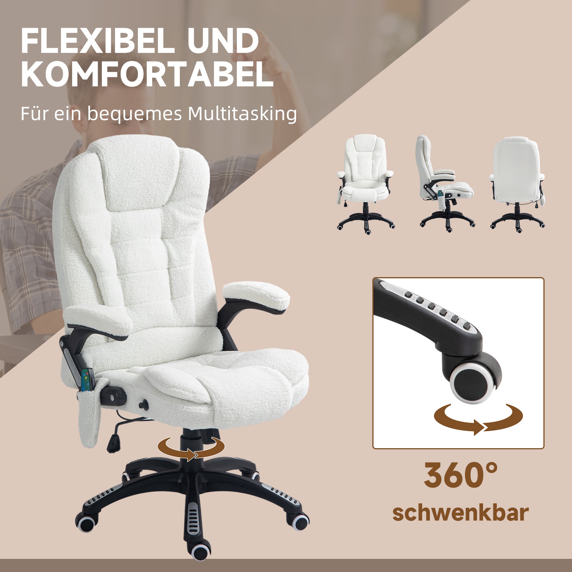 Vinsetto Bürosessel Massagefunktion Massagebürostuhl, Massagefunktion, höhenverstellbar, 67 x 74 x 107-116 cm, Weiß