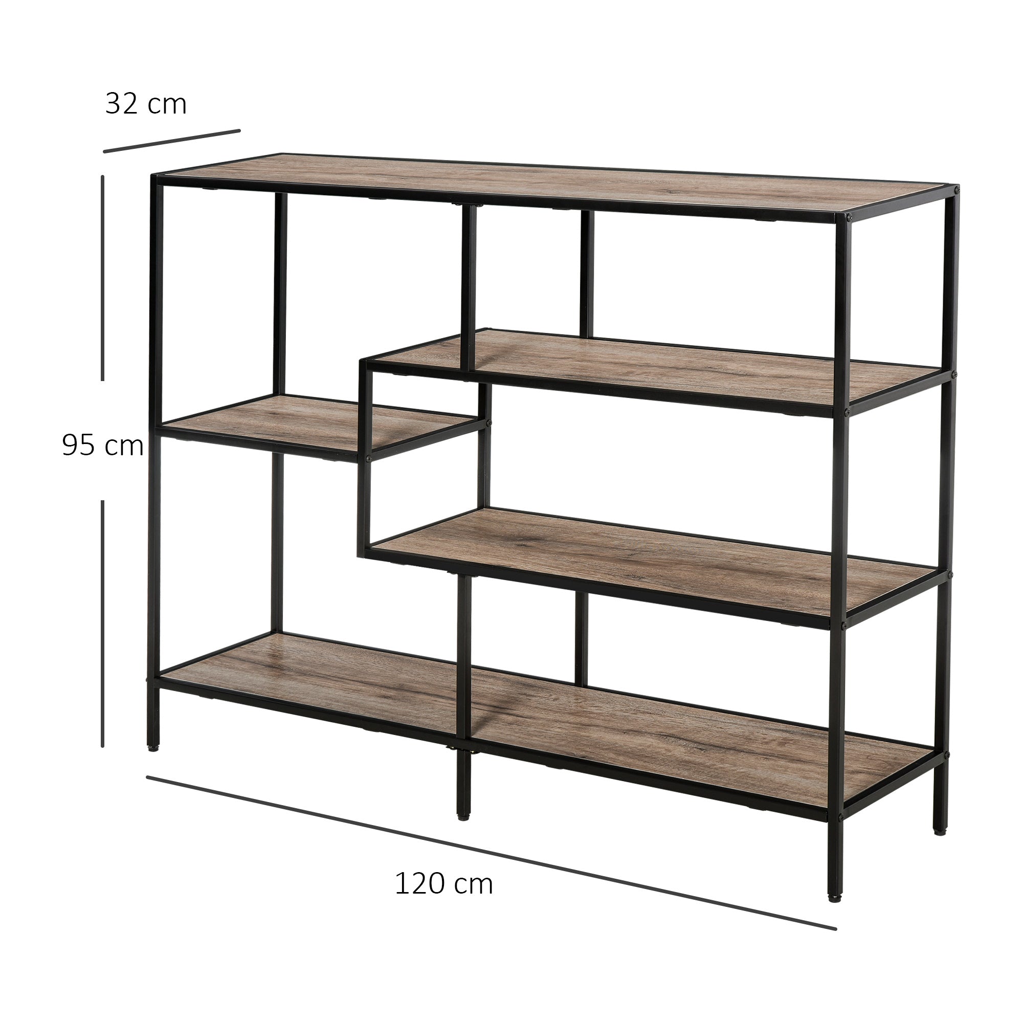 HOMCOM Standregal, Bücherregal Lagerregal Industrieller Stil, Aktenregal, Küchenregal, P2 Spanplatte, Metall, Schwarz+helle Eiche, 120 x 32 x 95 cm