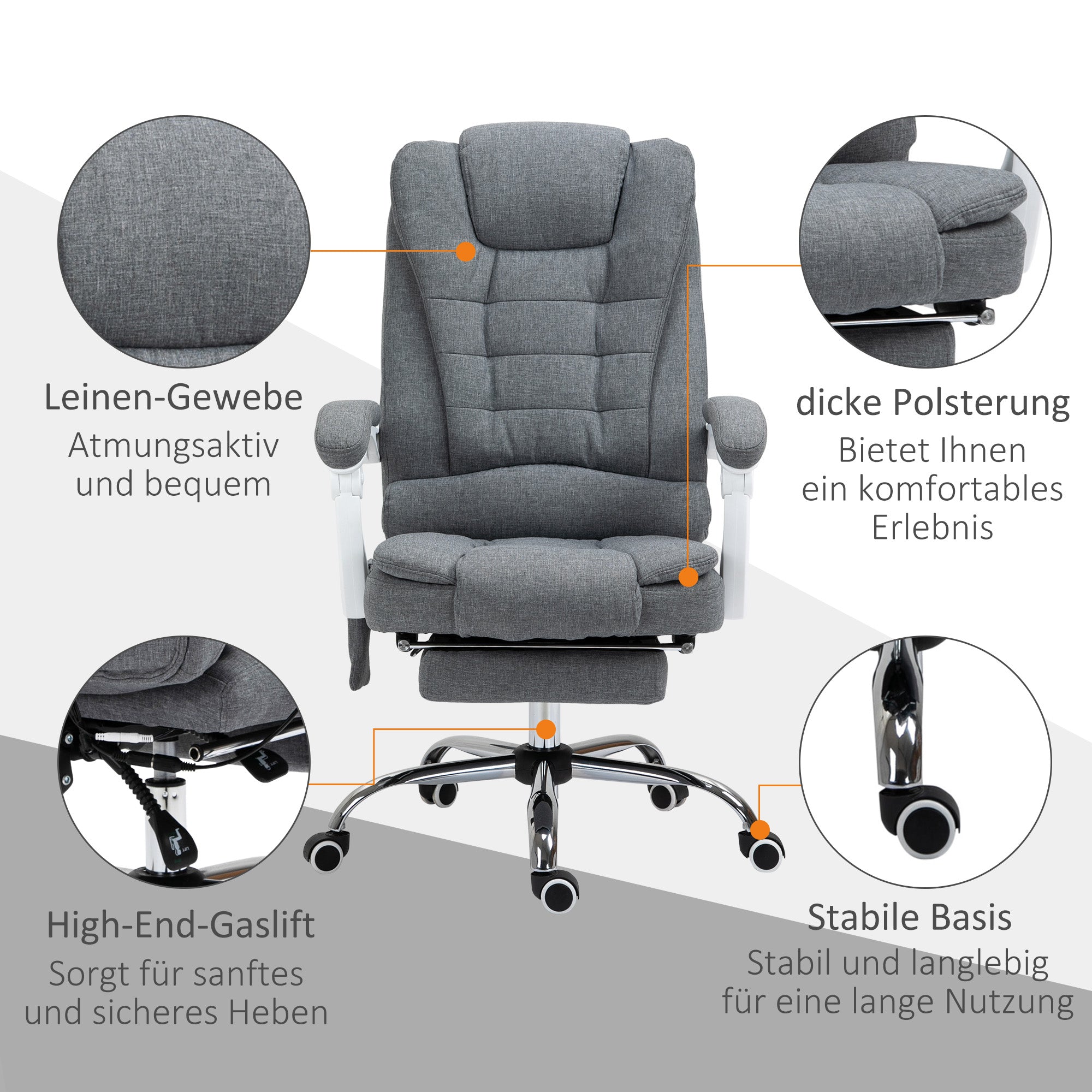 Vinsetto Bürostuhl mit Massage- und Heizfunktion, neigbare Rückenlehne, drehbar & höhenverstellbar, bis 120 kg, Grau