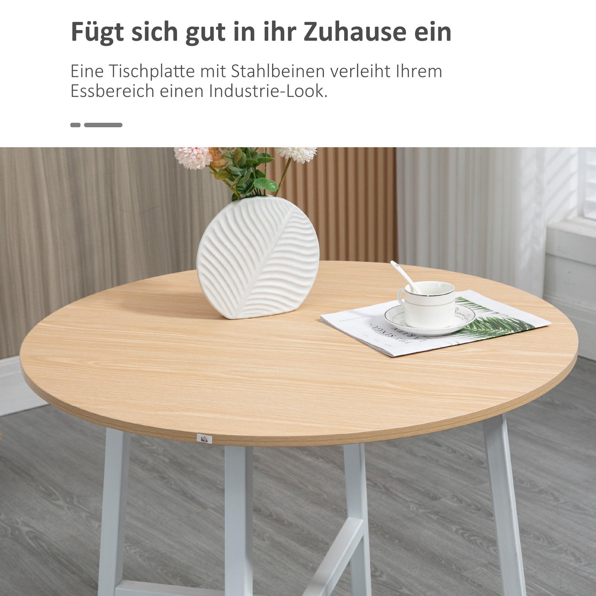 HOMCOM Esstisch, industrieller Stil, abgerundetes Design, stabil bis 60 kg, Ø80 x 76H cm, Naturholz/Weiß