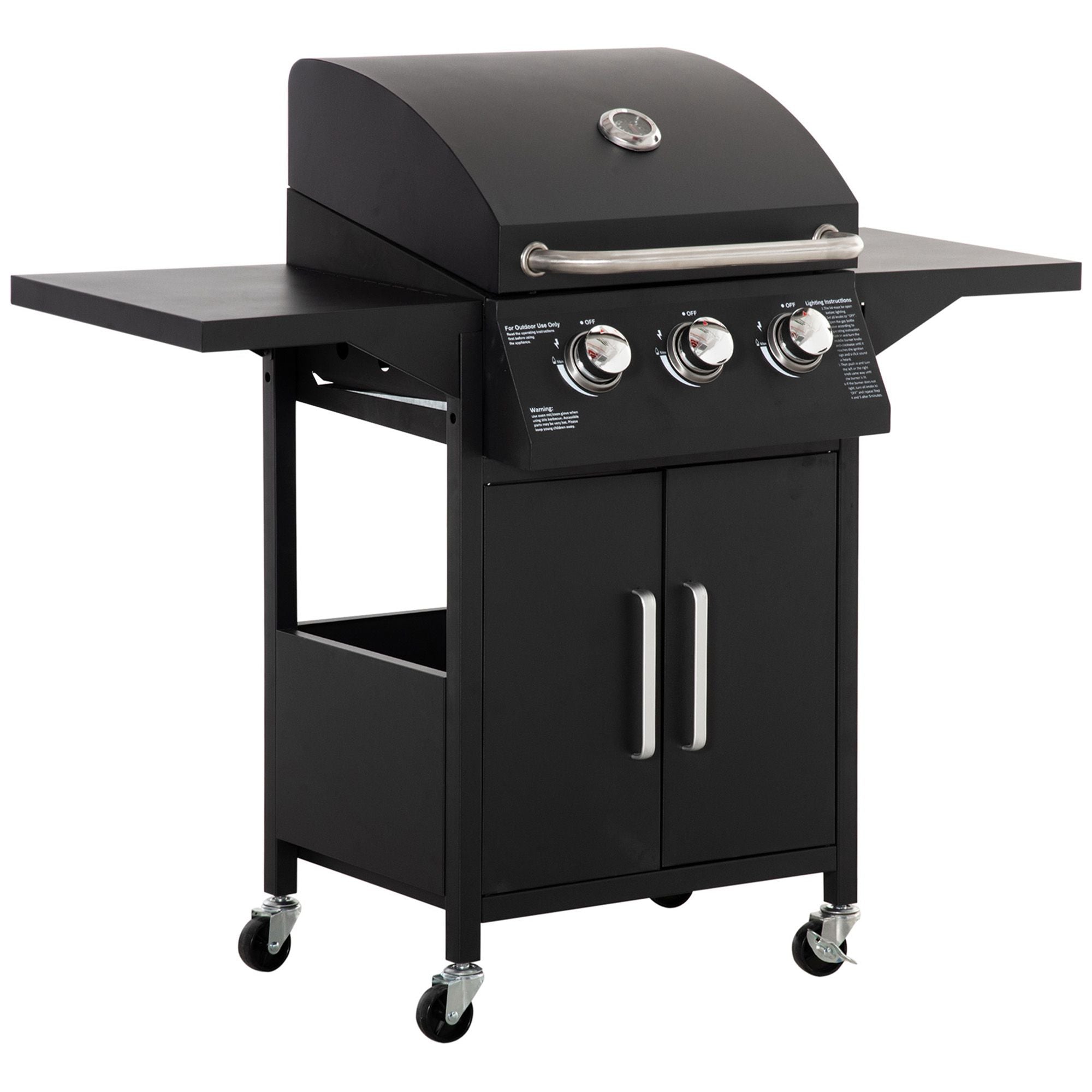 Outsunny Gasgrill, BBQ-Grill mit 3 Brennern je 2,9 kw, 4 Räder, Schwarz