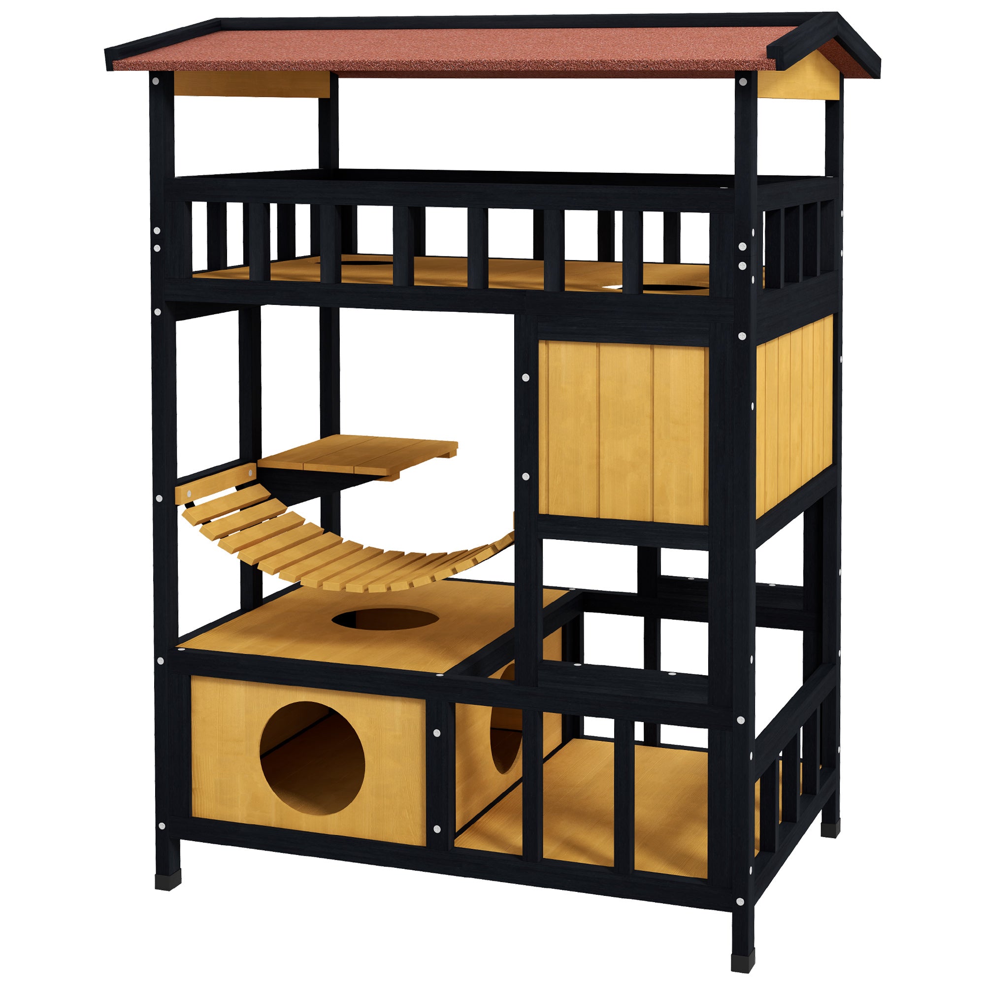 PawHut Katzenhaus, Katzenparadies mit Plattformen, Hängebrücke und Katzenhöhlen, für bis zu 2 Katzen geeignet, Holz