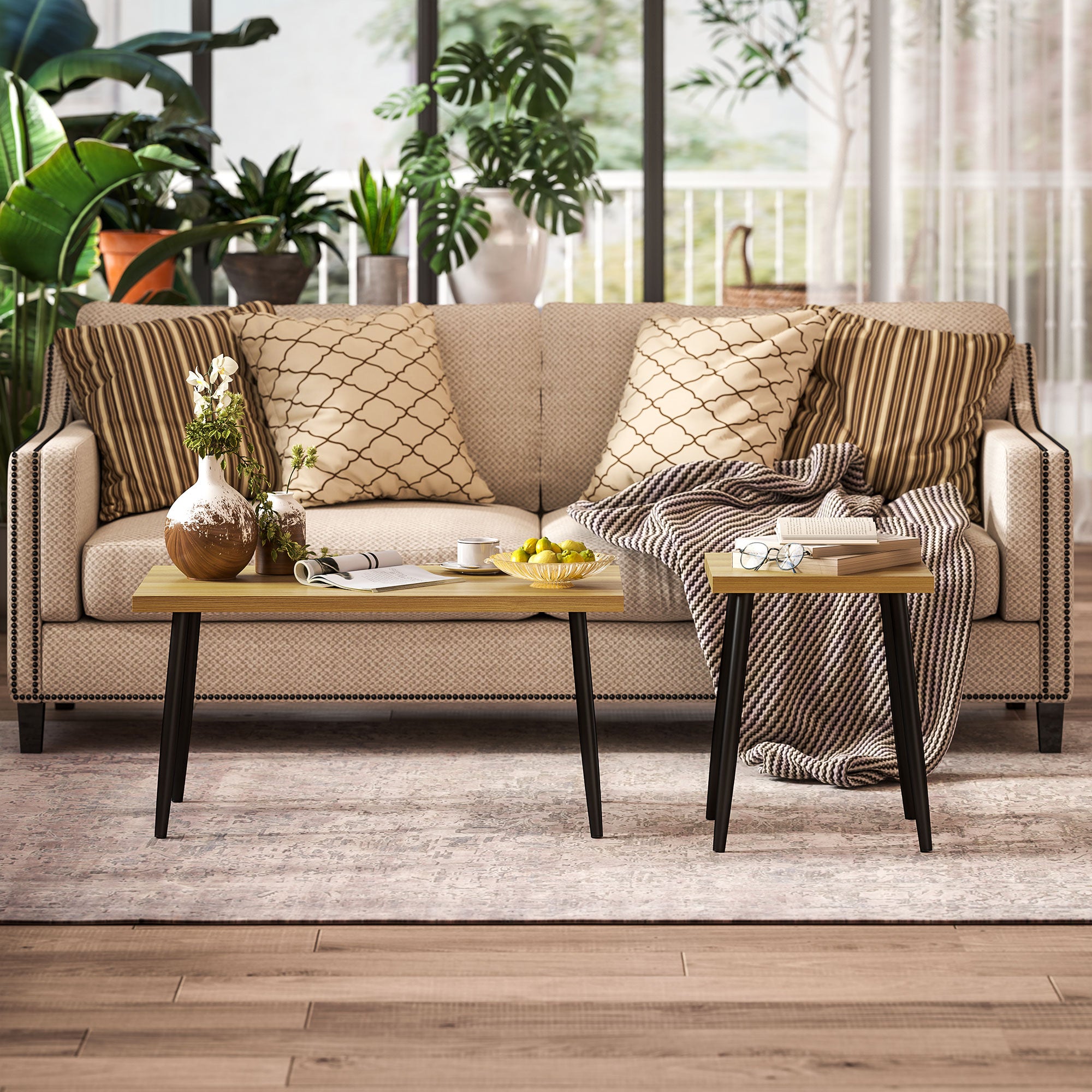 HOMCOM 2er-Set Kaffeetische, Großer und kleiner Tisch mit Metallrahmen und Holzplatte, Flexible Couchtische, Naturholz